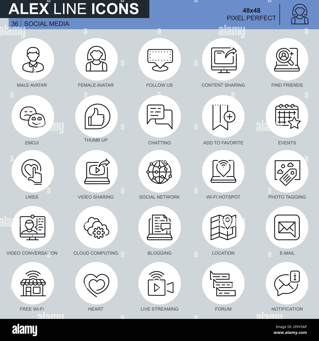 Thin line social media and network icons set for website and mobile site and apps. Contains such Icons as Avatar, Emoji, Chating, Likes. 48x48 Pixel P Stock Vector