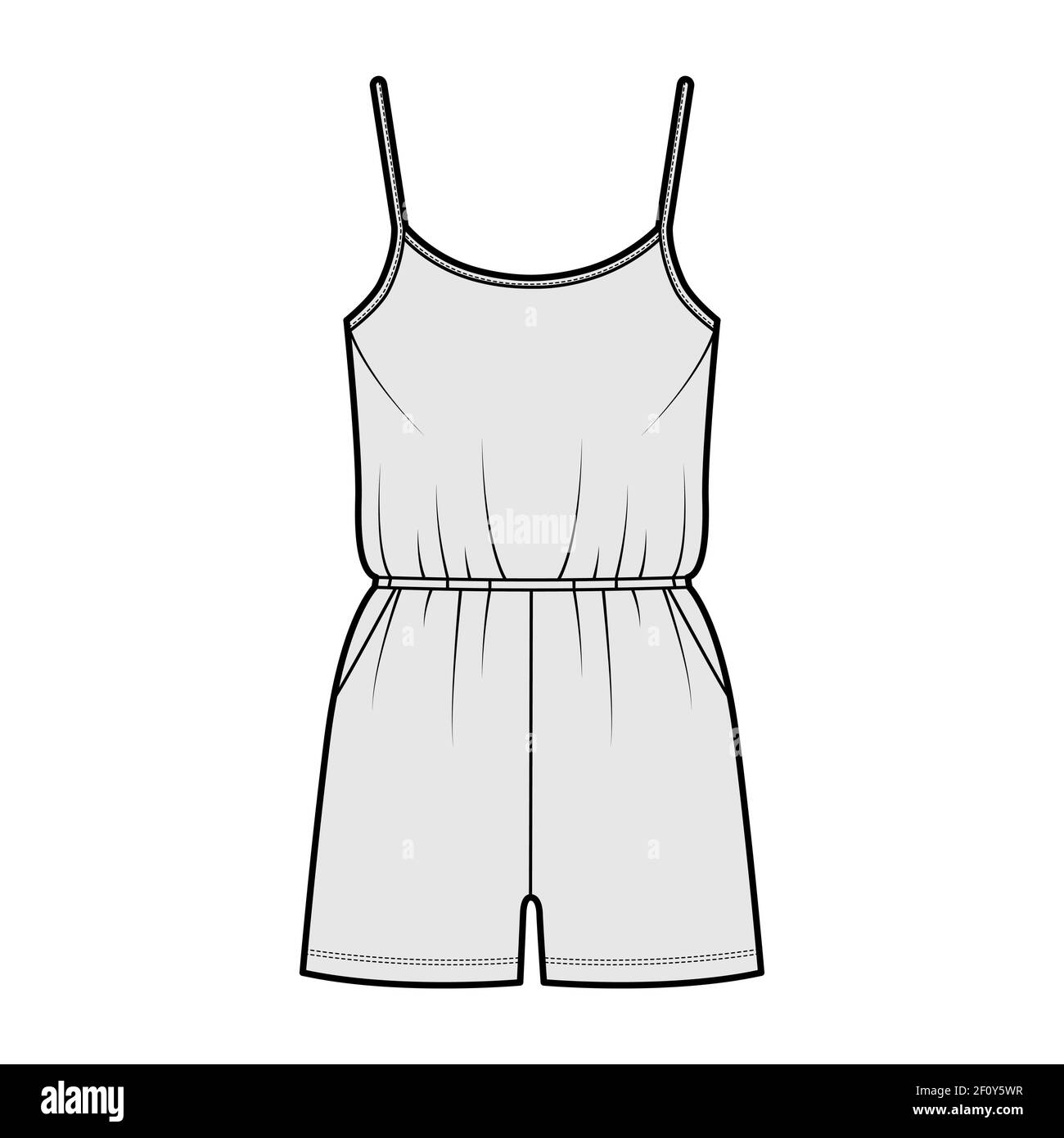 Camisole jumpsuit Dungaree overall technical fashion illustration with mini length, normal elastic waist, oversized, pockets. Flat front, grey color style. Women, men unisex CAD mockup Stock Vector