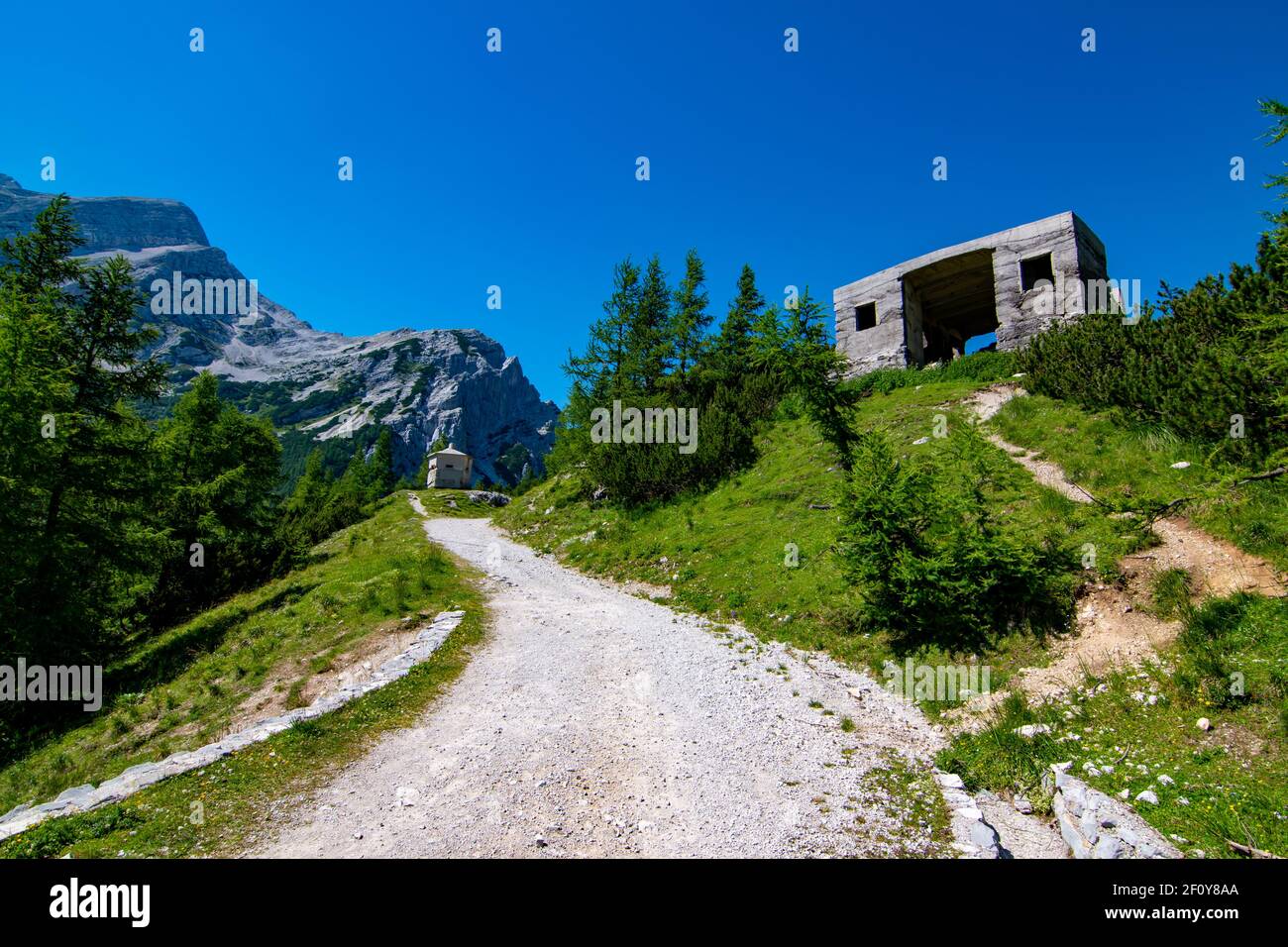 Bunkers from original italian border on the way to Vrsic viewpoint, Vrsic pass, Slovenia Stock Photo