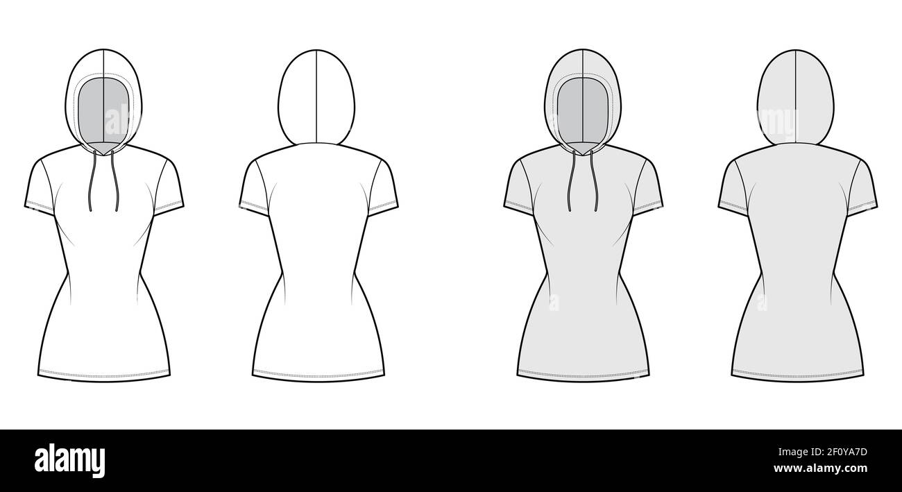 Hoody dress technical fashion illustration with short sleeves, mini length, fitted body, Pencil fullness. Flat sweater apparel template front, back, white, grey color. Women, men, unisex CAD mockup Stock Vector