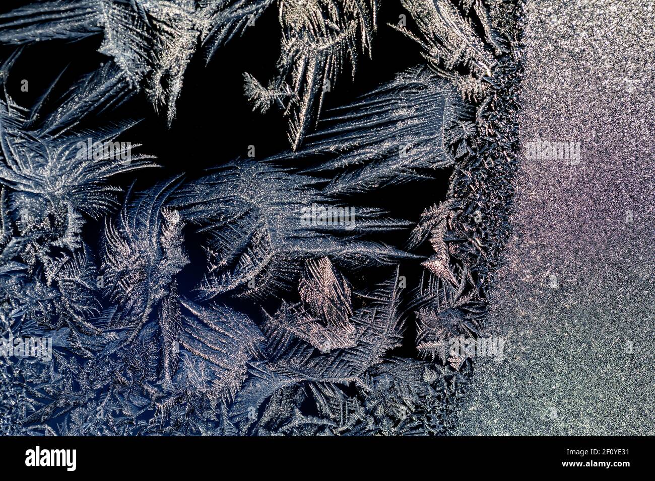 Intricate ice crystals growing on a window pane in winter in Michigan ...