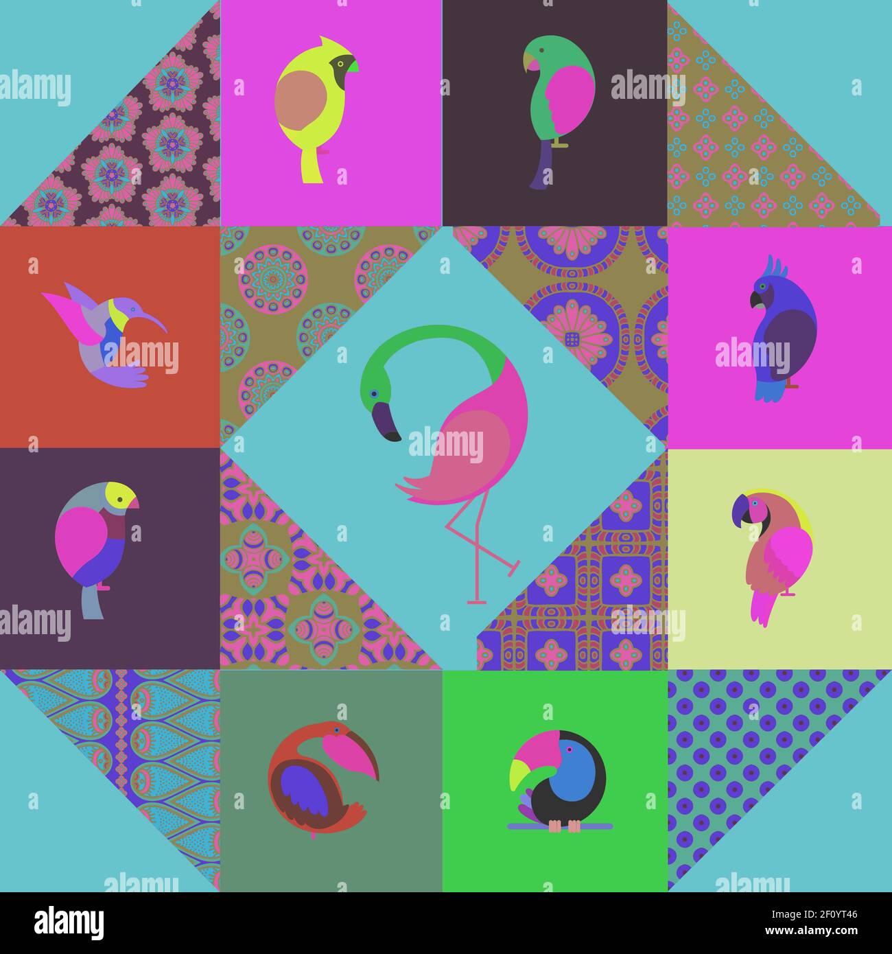Graphic patchwork, consisting of simple geometric shapes, patterns ...