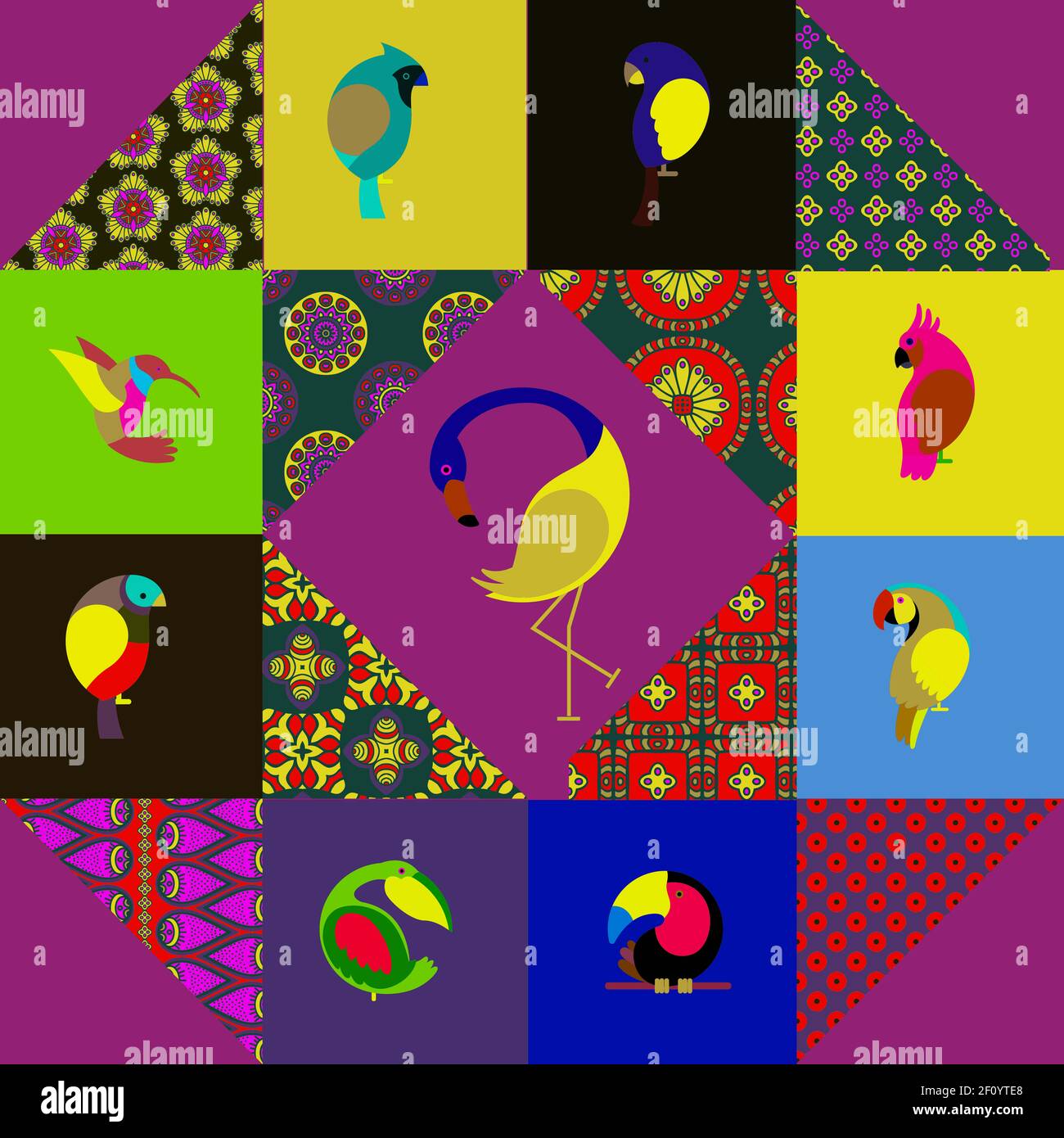 Graphic patchwork, consisting of simple geometric shapes, patterns ...