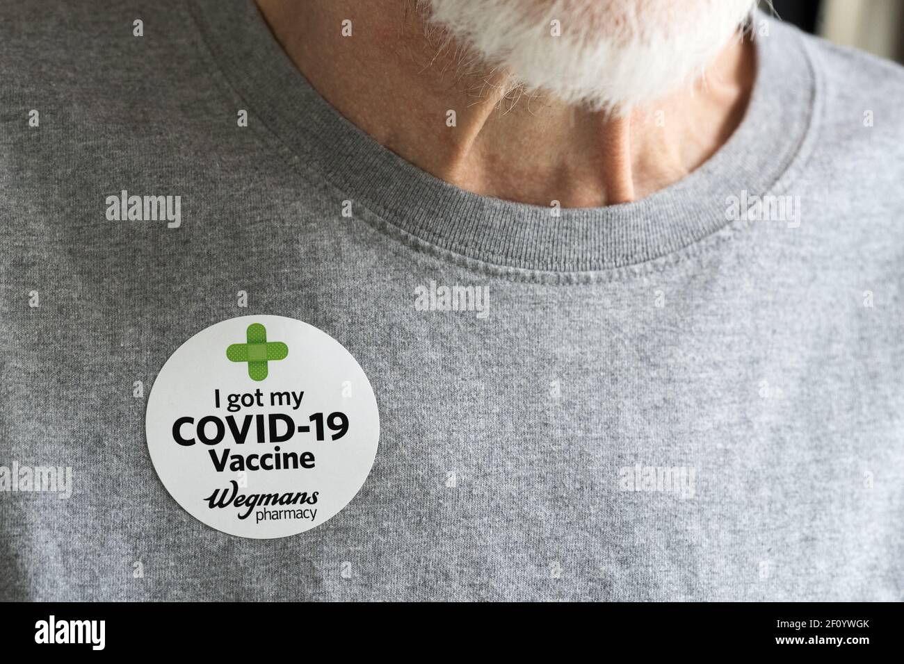 Flourtown, PA - Feb. 28, 2021: Sticker for the COVID-19 Vaccine received at Wegmans pharmacy. Stock Photo