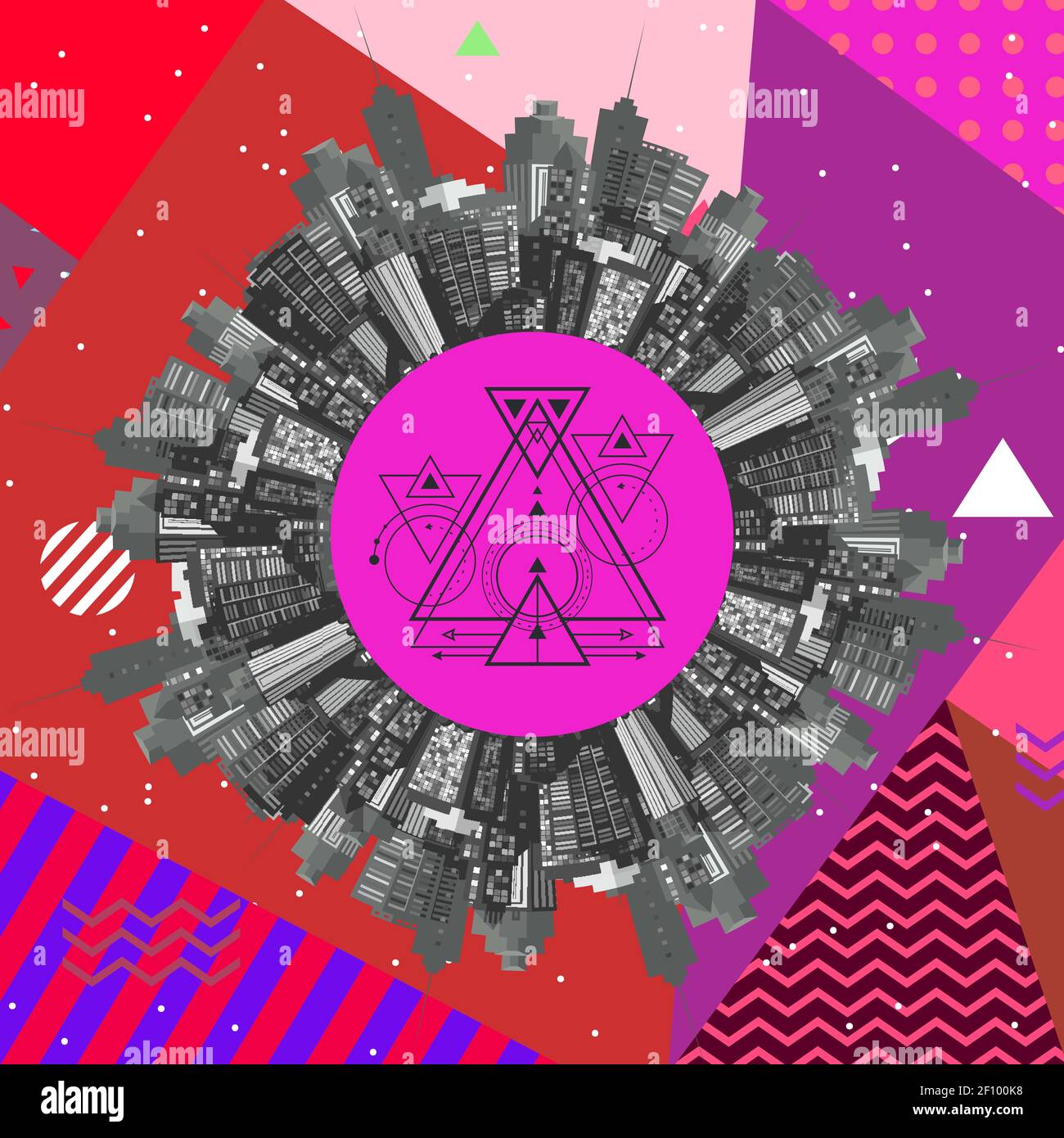 Graphic patchwork consists of simple geometric shapes, patterns, colors ...