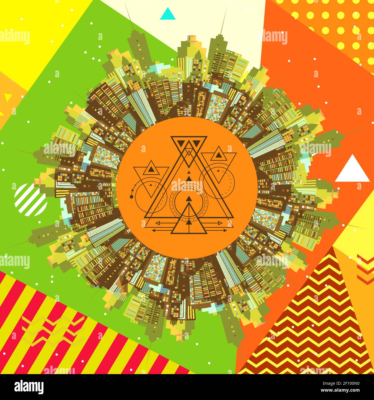 Graphic patchwork consists of simple geometric shapes, patterns, colors ...
