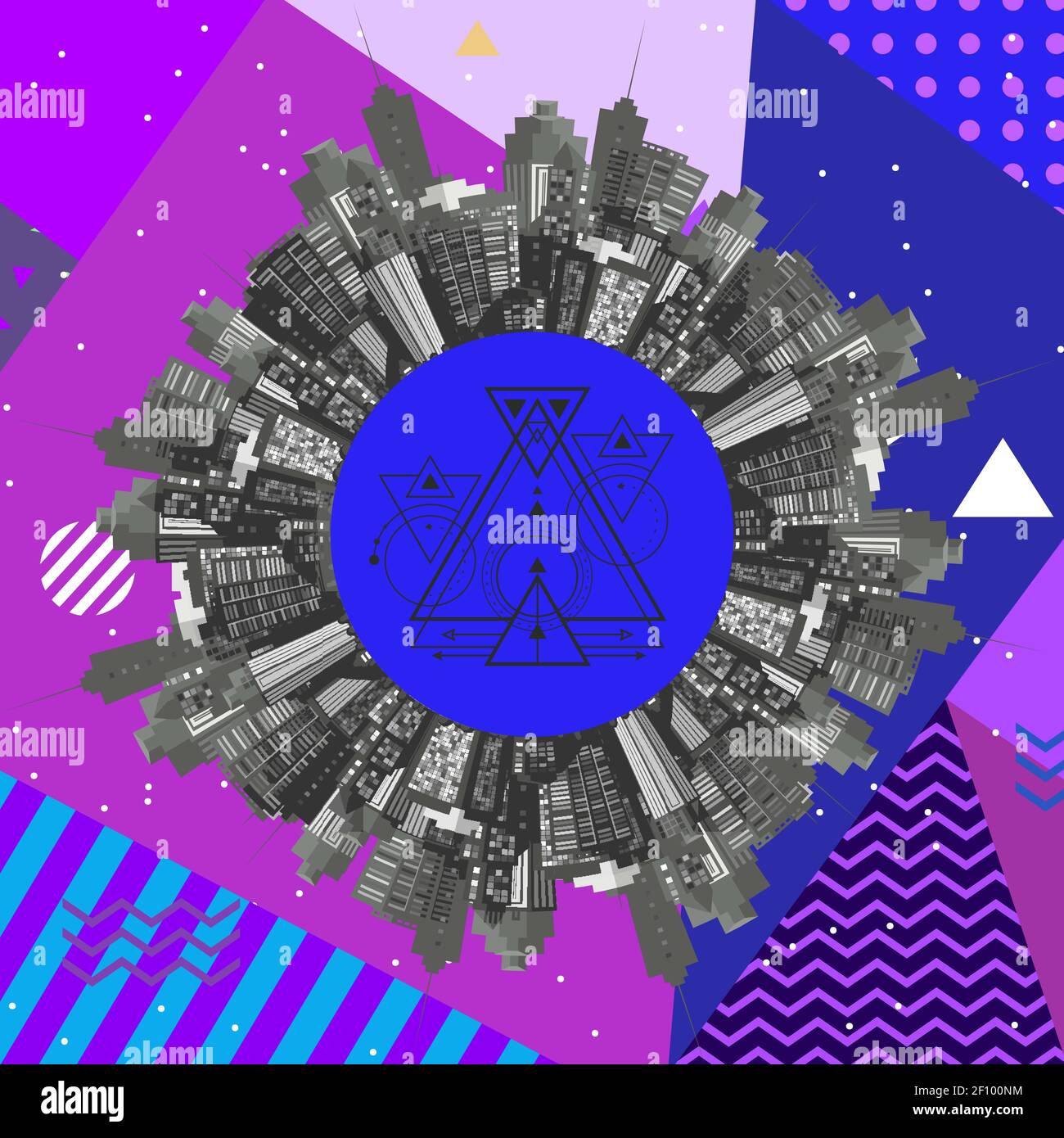 Graphic patchwork consists of simple geometric shapes, patterns, colors ...