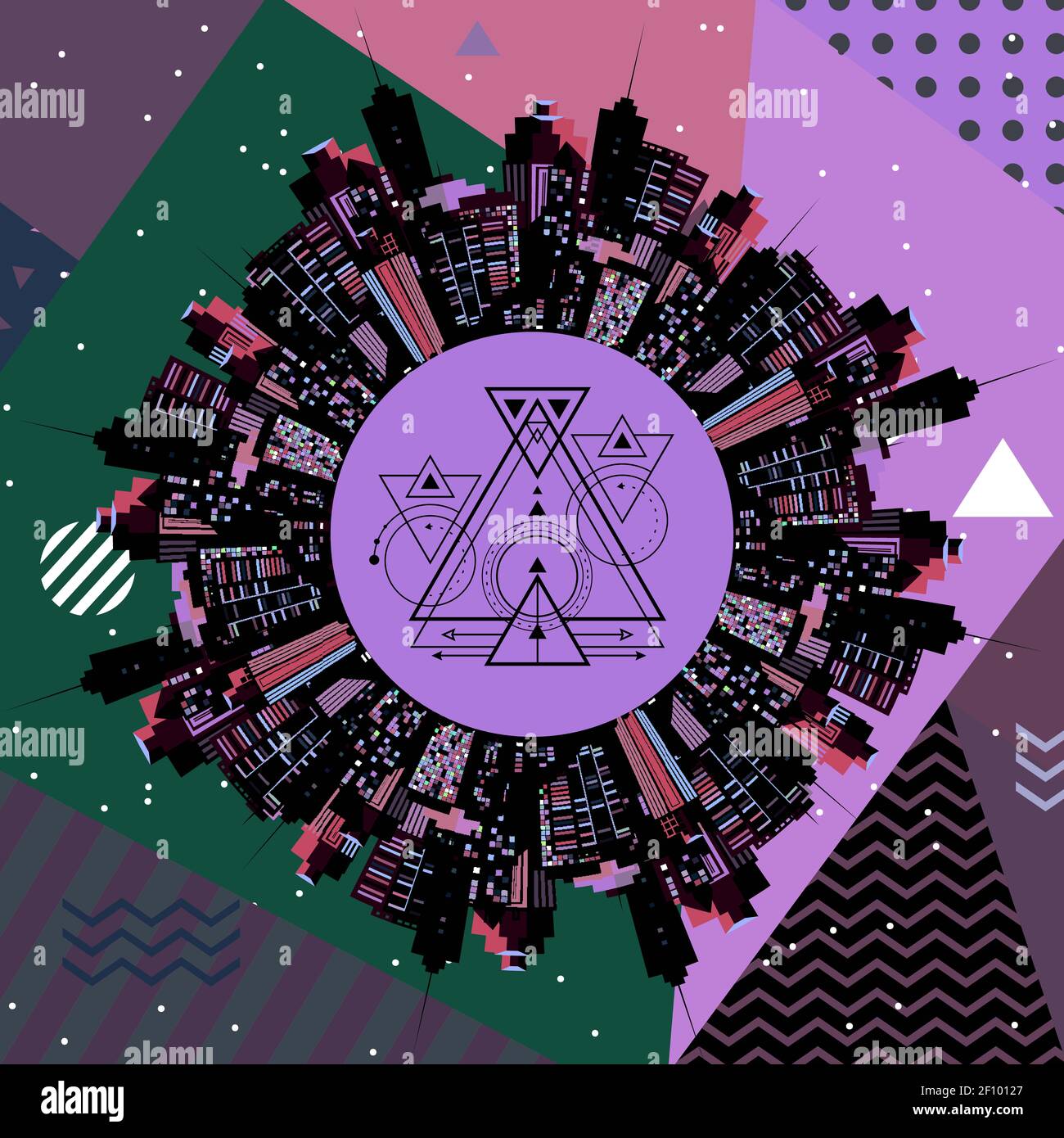 Graphic patchwork consists of simple geometric shapes, patterns, colors ...