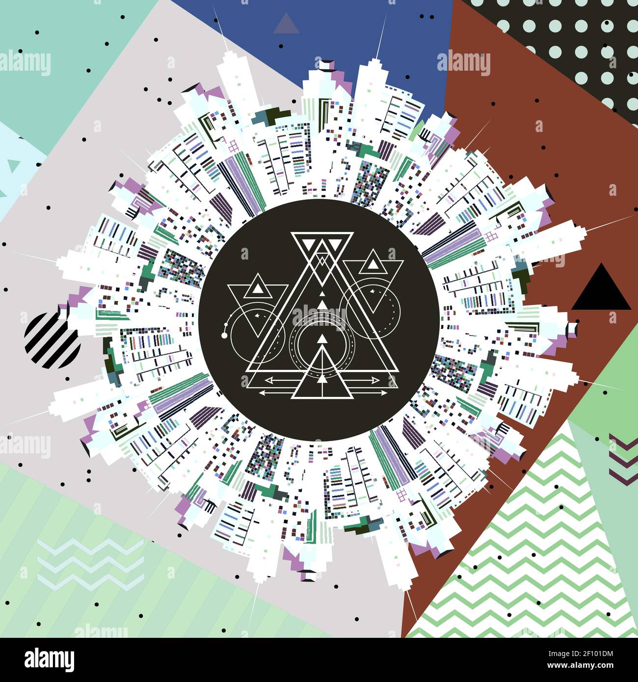 Graphic patchwork consists of simple geometric shapes, patterns, colors ...
