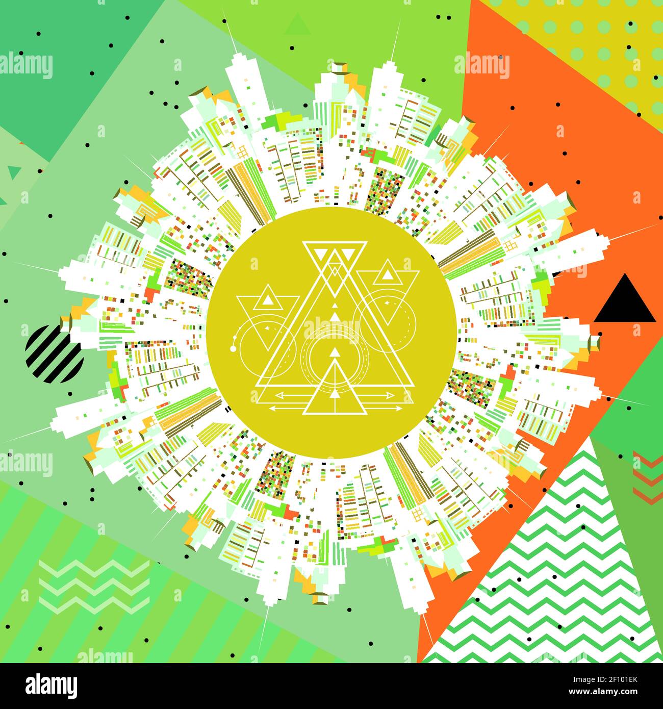 Graphic patchwork consists of simple geometric shapes, patterns, colors ...