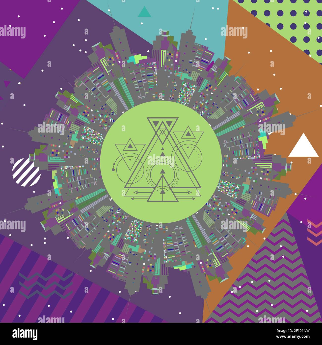Graphic patchwork consists of simple geometric shapes, patterns, colors ...