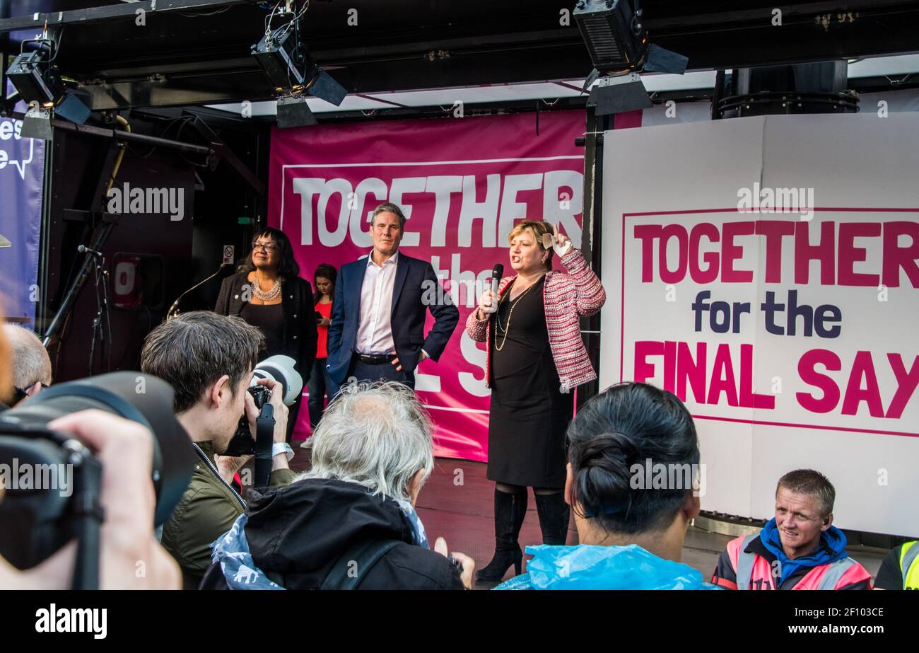 British politician, Labour Party member and MP Emily Thornberry speaking at the third People's Vote March, Parliament Square, London, UK on 19 October 2019. On her right are Diane Abbott and Sir Keir Starmer. Stock Photo