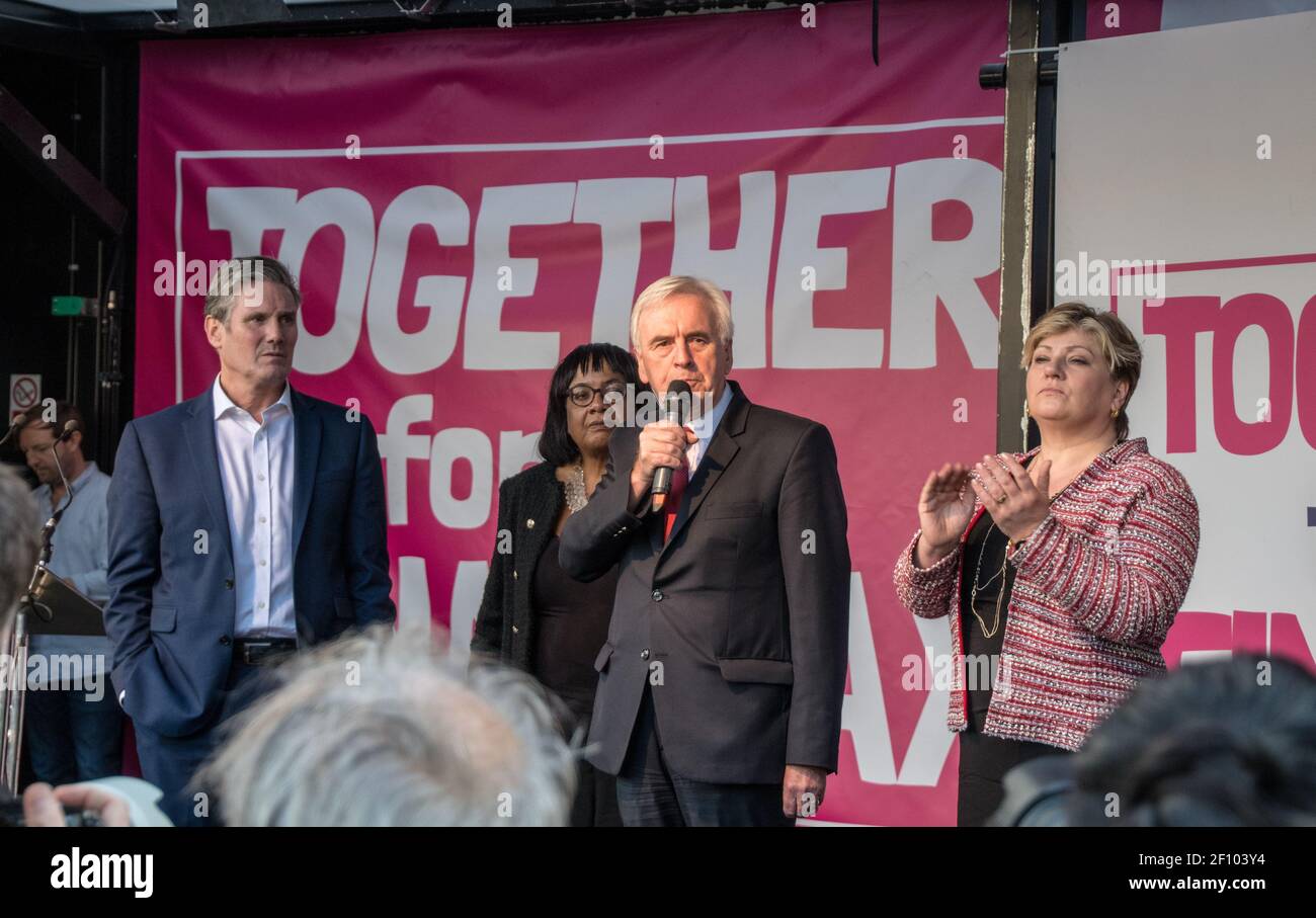 Labour Party members Sir Keir Starmer, Diane Abbott, John McDonnell and Emily Thornberry on stage at the third People's Vote March, Parliament Square, London, UK on 19 October 2019. Stock Photo