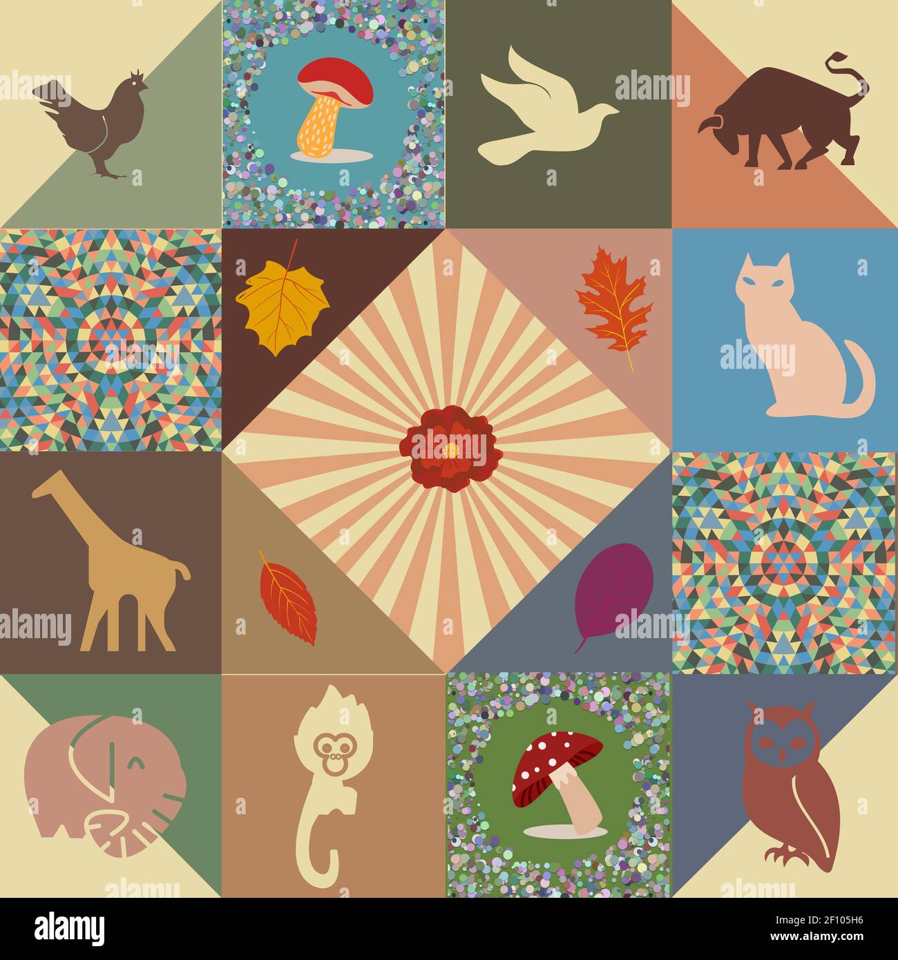 Graphic patchwork consisting of geometric shapes and animals Stock ...