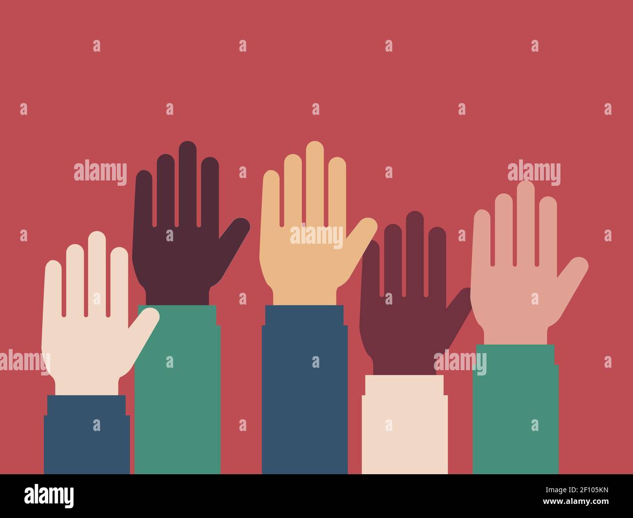 Volunteering illustration. Different hands of diferent ethnicies people raising hands up. Isolated graphic on a rolor background. Vector. Stock Vector