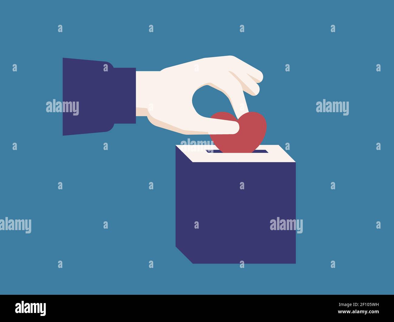 Donating for charity illustration. A persons hand putting a heart in a donation box. Icon symbol. Stock Vector