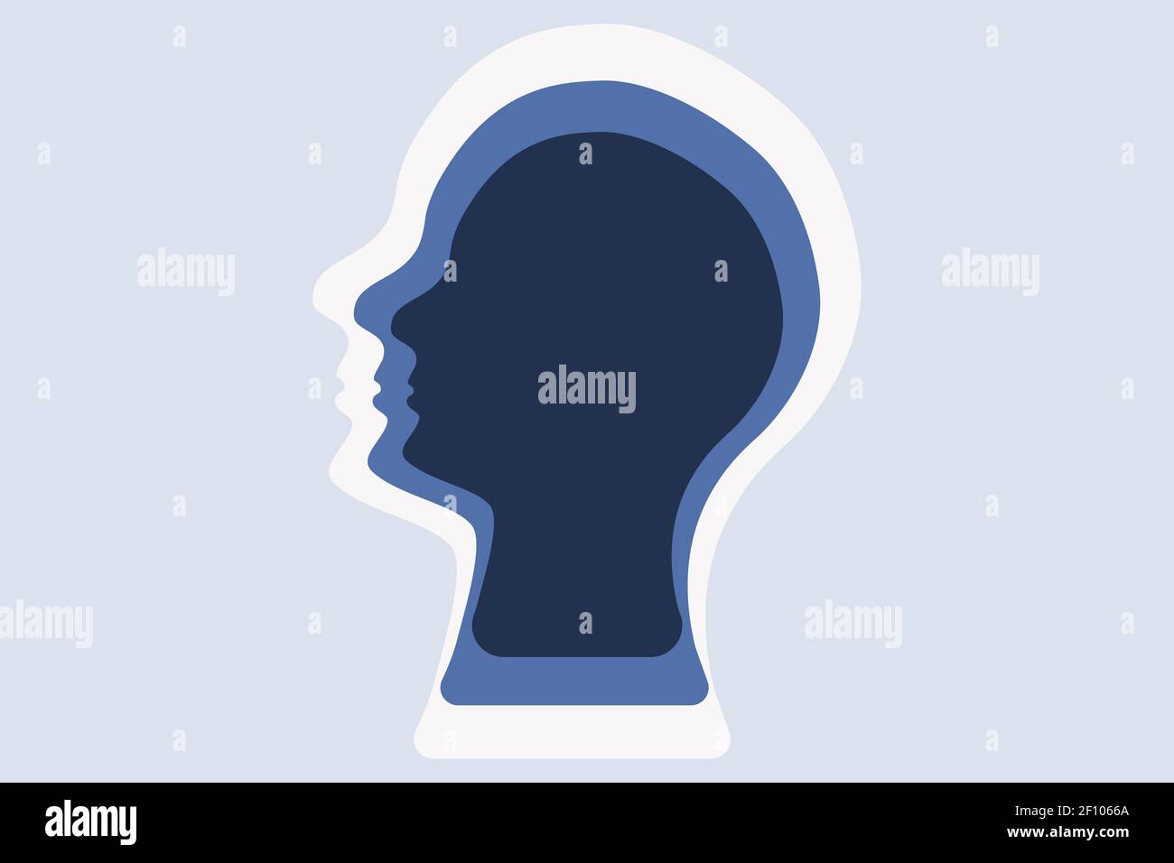 Abstract human head illustration. Deep thinker, profound mind concept. Human profile contour, multilayered effect. Blue tones. Vector. Stock Vector