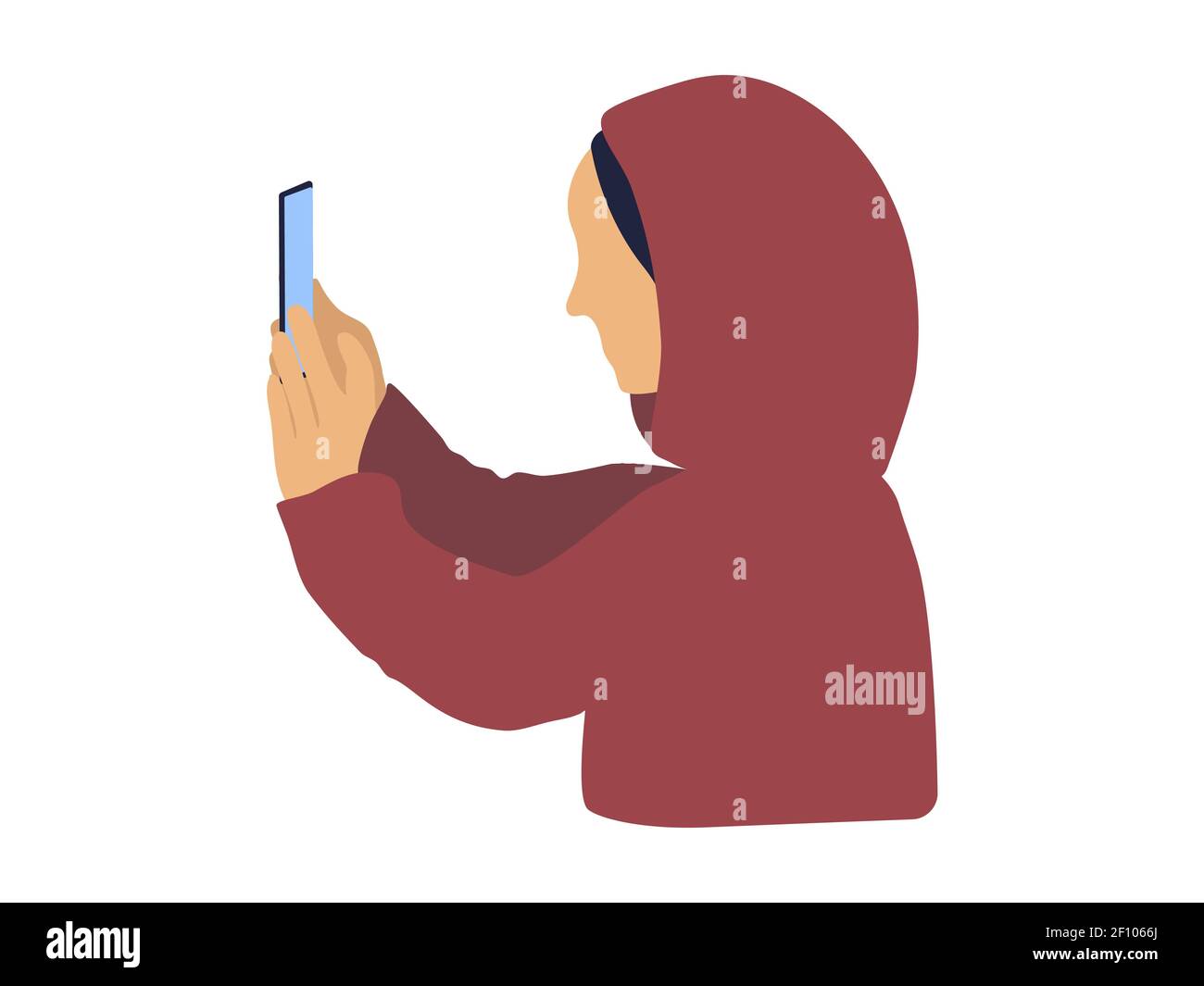 Woman wearing hijab using her phone illustration. Arab modern woman using technology, social media icon. Isolated on a wite background. Vector. Stock Vector