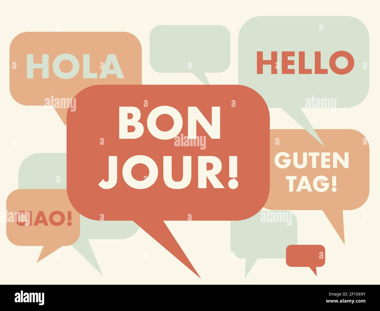 French language courses concept illustration. Translation from left to right: word 'Hello' in Italian, Spanish, French, English and German language. A Stock Vector