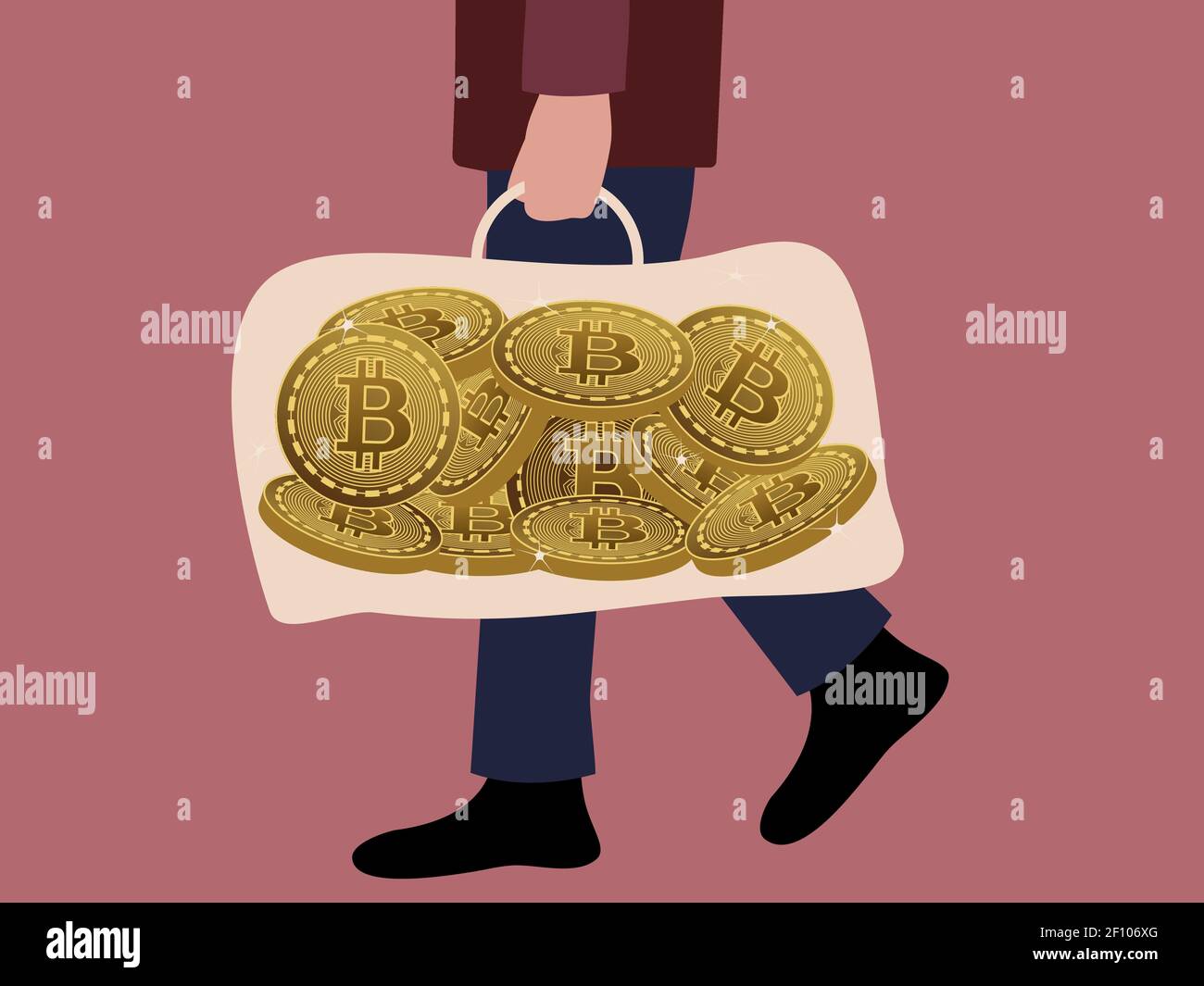 A rich man holding a handbag full with golden Bitcoins. Walking with his profit and savings. Crysptocurrency illustration. Vector. Stock Vector