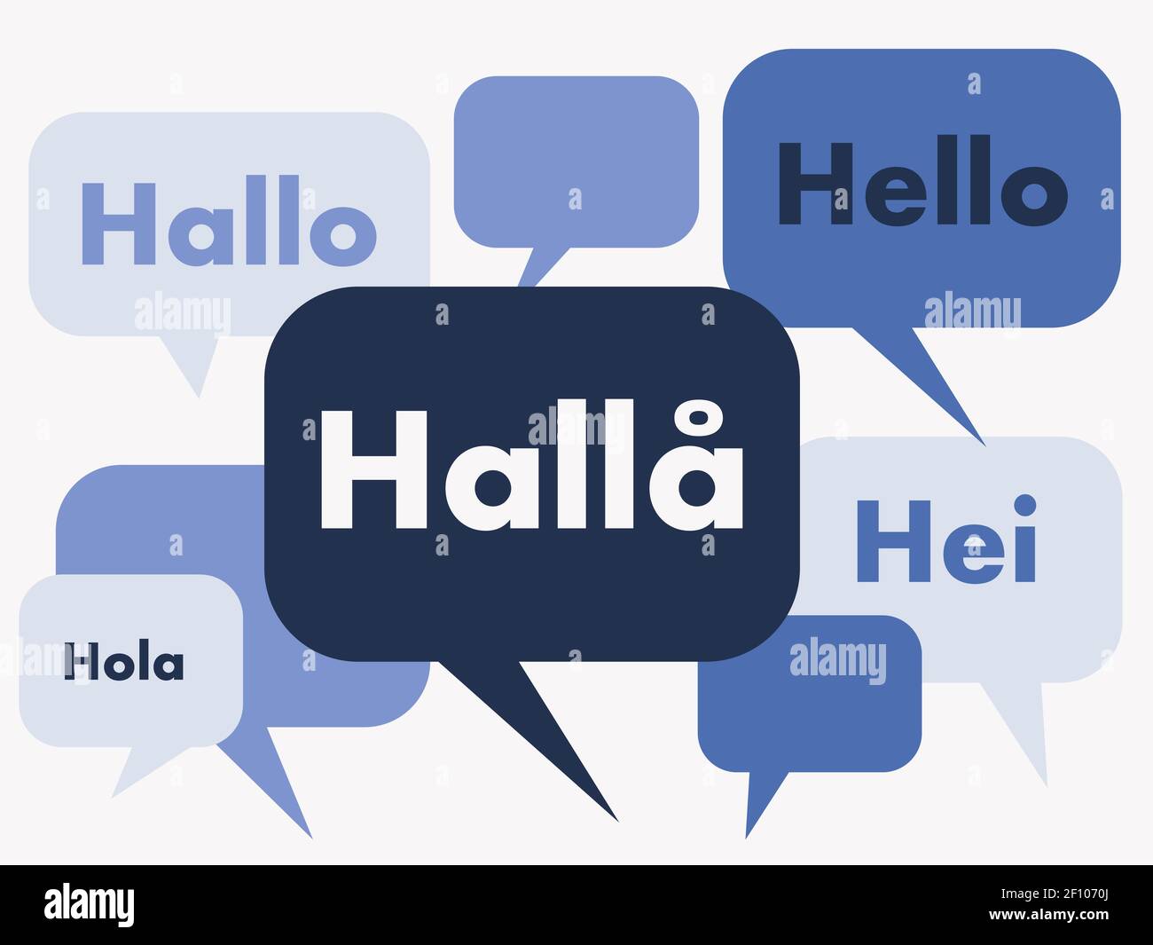 Swedish language banner. Translation from left to right: word 'Hello' in Spanish, German, Swedish, English and Romanian language. Abstract speech bubb Stock Vector