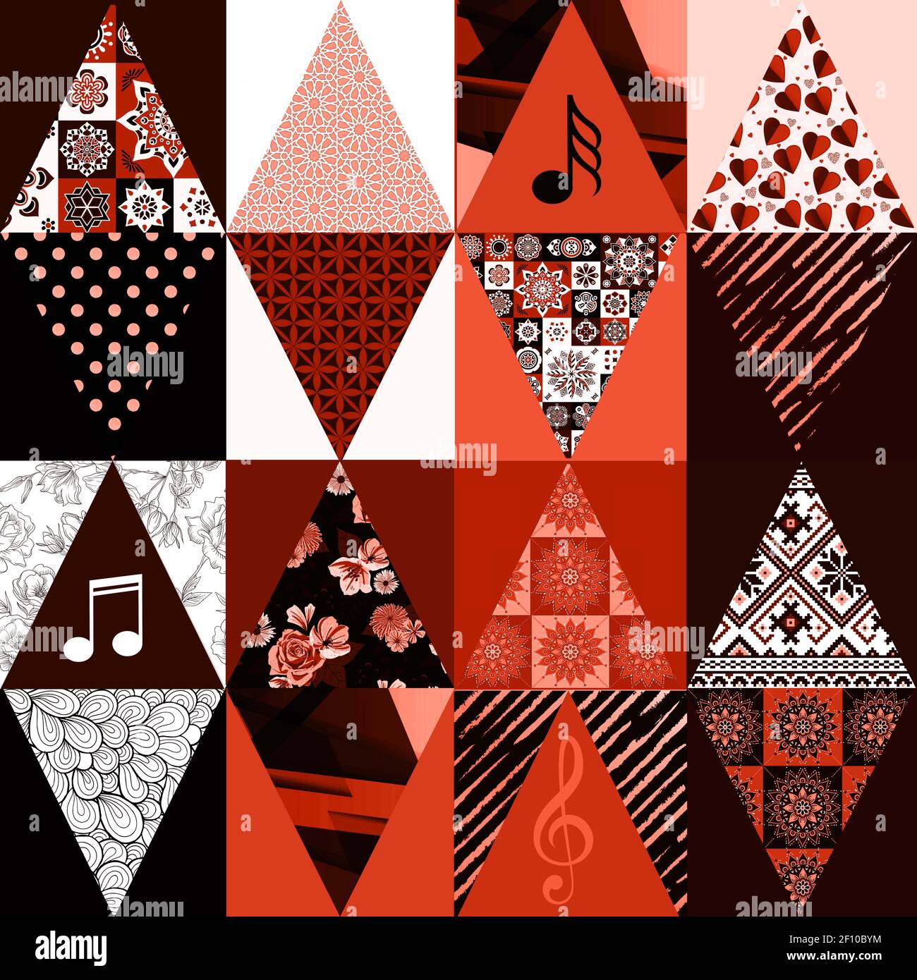Graphic patchwork made of a triangular collage with music notes and ...