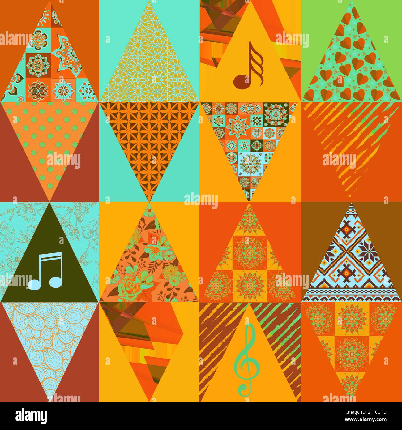 Graphic patchwork made of a triangular collage with music notes and ...