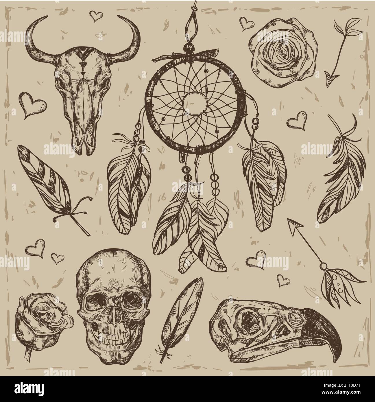 Skull boho tattoo set with Dreamcatcher in the center and little hand drawn  hearts around vector illustration Stock Vector Image \u0026 Art - Alamy, image size:1297x1390