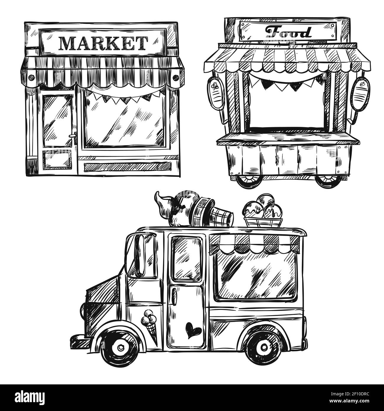 Vintage shop facade icon set with different types of food markets in black color vector illustration Stock Vector