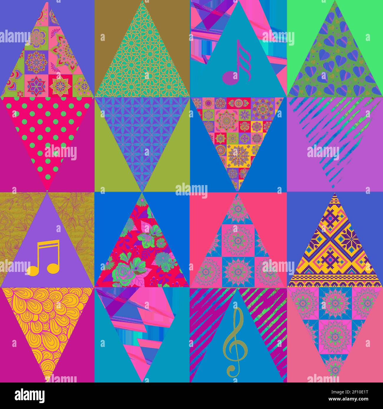 Graphic patchwork made of a triangular collage with music notes and ...