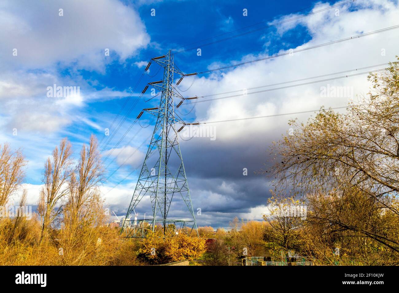 Electricity pylon in Walthamstow Wetlands, Lea Valley Country Park, London, UK Stock Photo