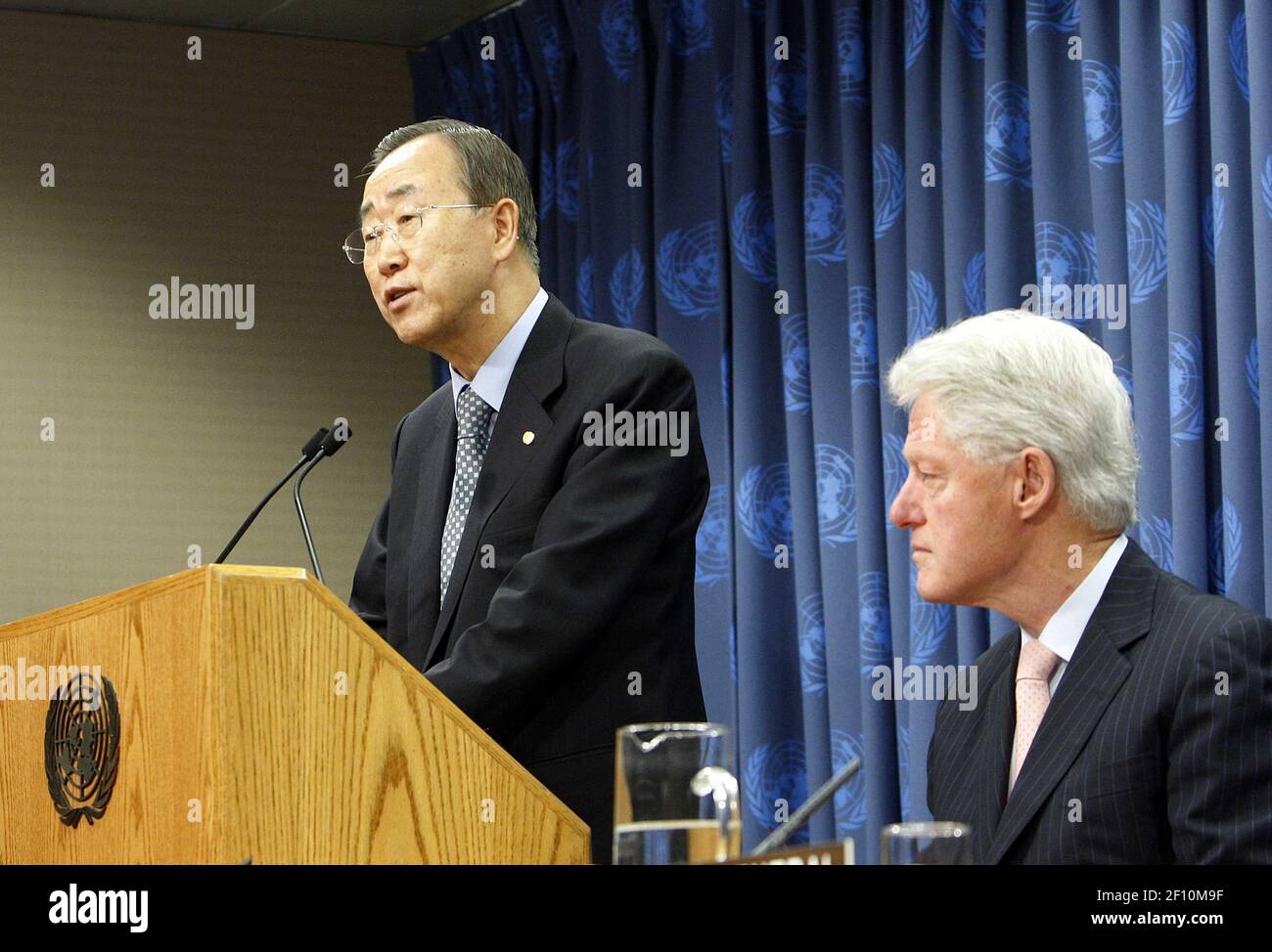 15 June 2009 - New York, NY - Secretary-General Ban Ki-moon addresses a press conference on Haiti, as William Jefferson Clinton (right), United Nations Special Envoy for Haiti and former President of the United States of America, listens. Photo Credit: Mark Garten / UN Photo/Sipa Press/0906171554 Stock Photo