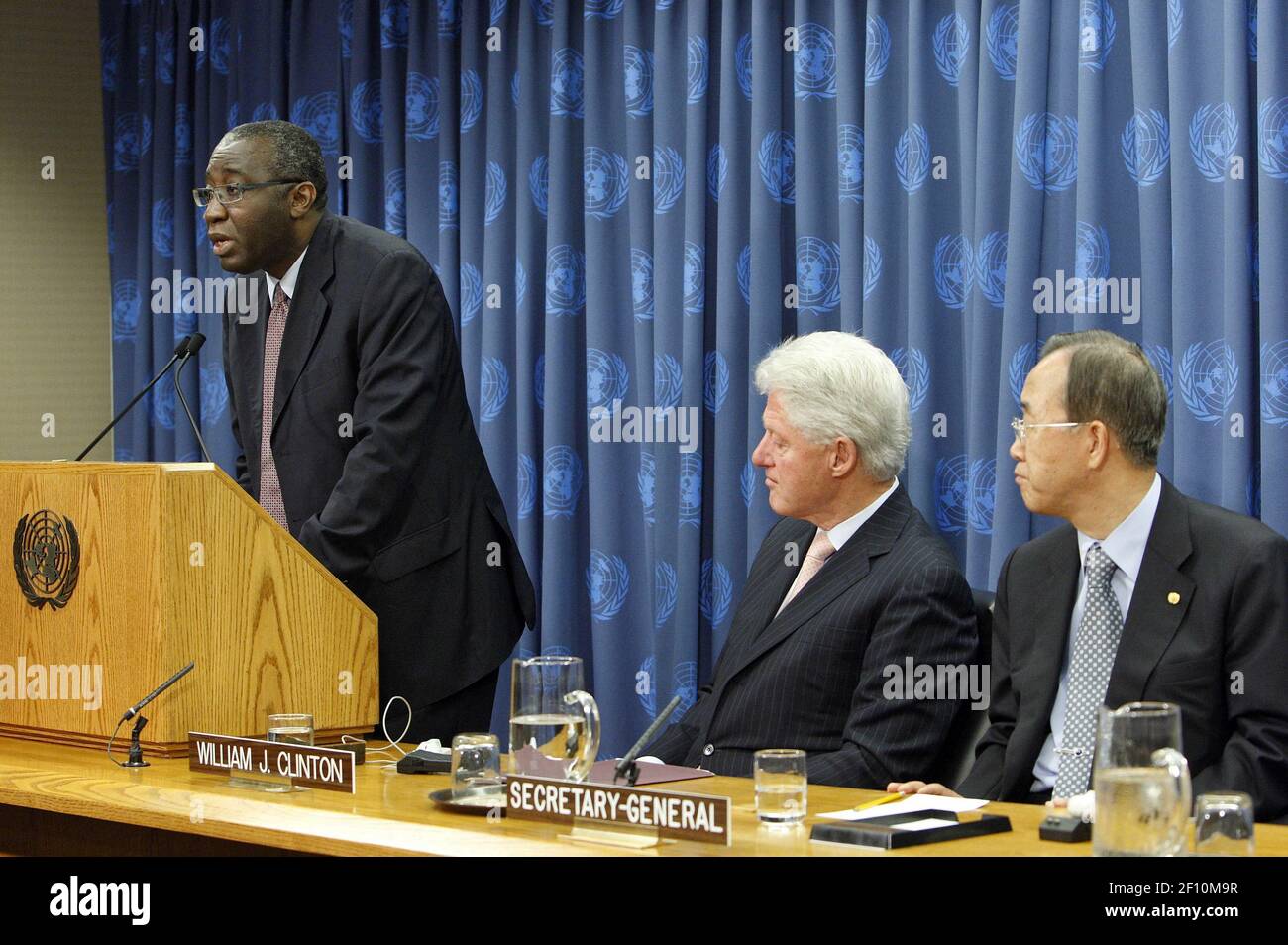 15 June 2009 - New York, NY - Alrich Nicolas, Minister for Foreign Affairs of Haiti, addresses a press conference, as Secretary-General Ban Ki-moon (right) and William Jefferson Clinton, United Nations Special Envoy for Haiti and former President of the United States of America, listen. Photo Credit: Mark Garten / UN Photo/Sipa Press/0906171554 Stock Photo