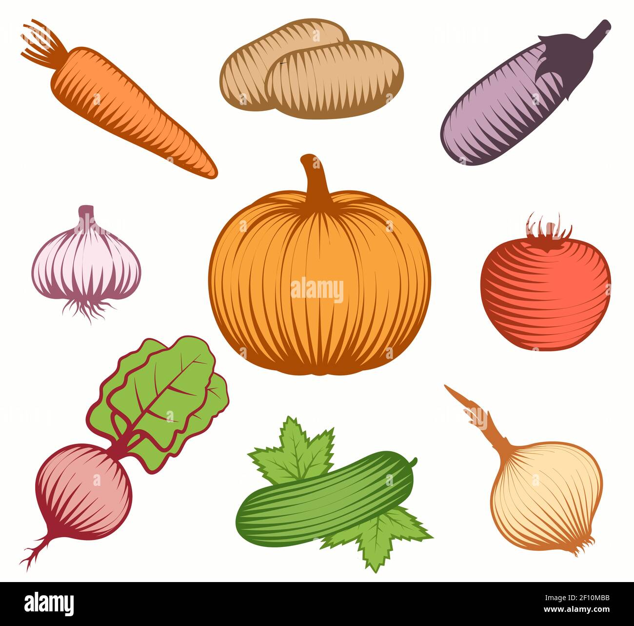 Isolated set of colorful raw vegetable food symbols on blank background in hand drawn style flat vector illustration Stock Vector