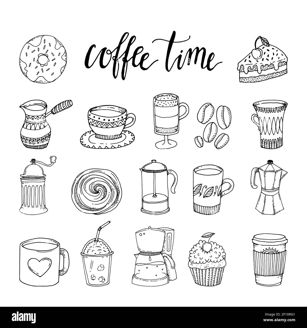 Coffee hand drawn monochrome elements set with drinking utensils and ...