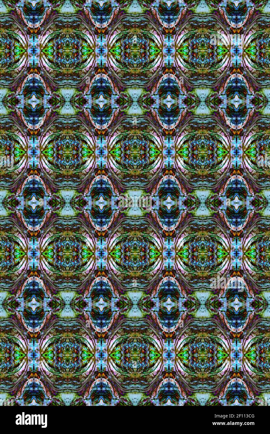 An image of an abalone shell (Haliotis) is turned into a geometrical design using repetition and composite editing. Stock Photo