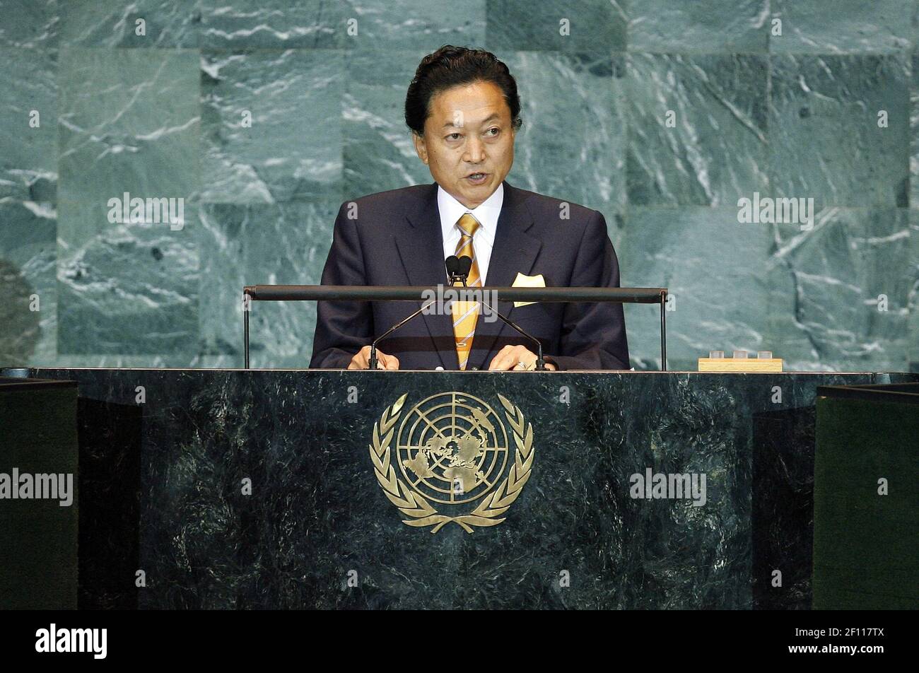 22 September 2009 - New York, NY - Yukio Hatoyama, Prime Minister of Japan, addresses the opening plenary session of the Summit on Climate Change. Convened by Secretary-General Ban Ki-moon, the Summit aims at mobilizing the highest level political will needed to reach a fair, effective, and scientifically ambitious global climate deal at the United Nations Climate Change Conference in Copenhagen this December. Photo Credit: Marco Castro/UN Photo/Sipa Press /0909221857 Stock Photo