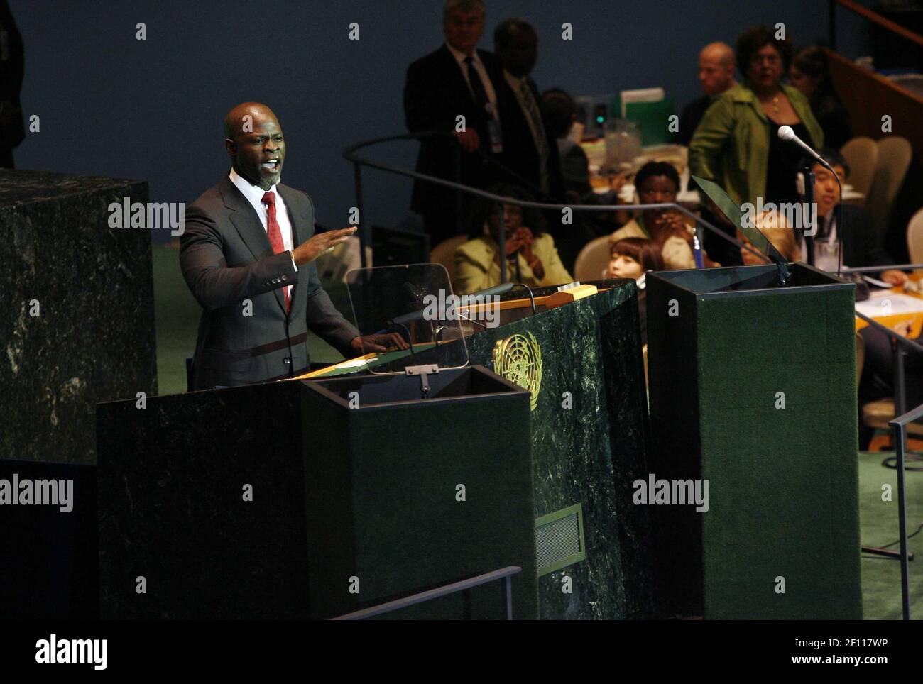 22 September 2009 - New York, NY - Actor Djimon Hounsou speaks before President Barack Obama delivers remarks at UN Secretary General Ban Ki-moon's Climate Change Summit at the United Nations Headquarters in New York City on September 22, 2009. Photo Credit : John Angelillo/Pool/Sipa Press/0909222320 Stock Photo