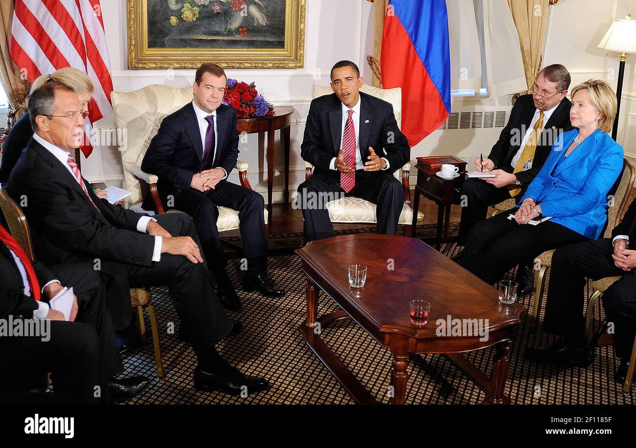 23 September 2009- New York, NY- President Barack Obama holds a bilateral meeting with President Dmitri Medvedev of Russia at the Waldorf Astoria in New York. Photo Credit: Olivier Douliery / Pool / Sipa Press/0909240054 Stock Photo