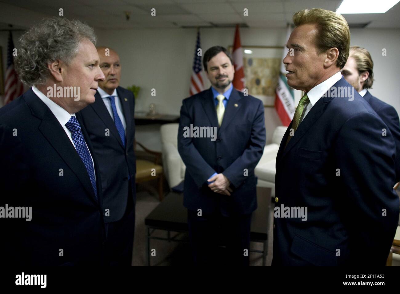 3 October 2009 - Los Angeles, California - Governor Arnold Schwarzenegger meets with Quebec Premier Jean Charest. Governor Schwarzenegger hosted the GovernorsÃ• Global Climate Summit 2 where he joined 30 global leaders in signing an agreement that recognizes the role of subnational governments in the discussions on the next global climate agreement being negotiated in Copenhagen this December. He also participated in a Ã’Breaking the Climate DeadlockÃ“ panel discussion with former United Kingdom Prime Minister Tony Blair and chair of the Intergovernmental Panel on Climate Change Rajendra Pachu Stock Photo