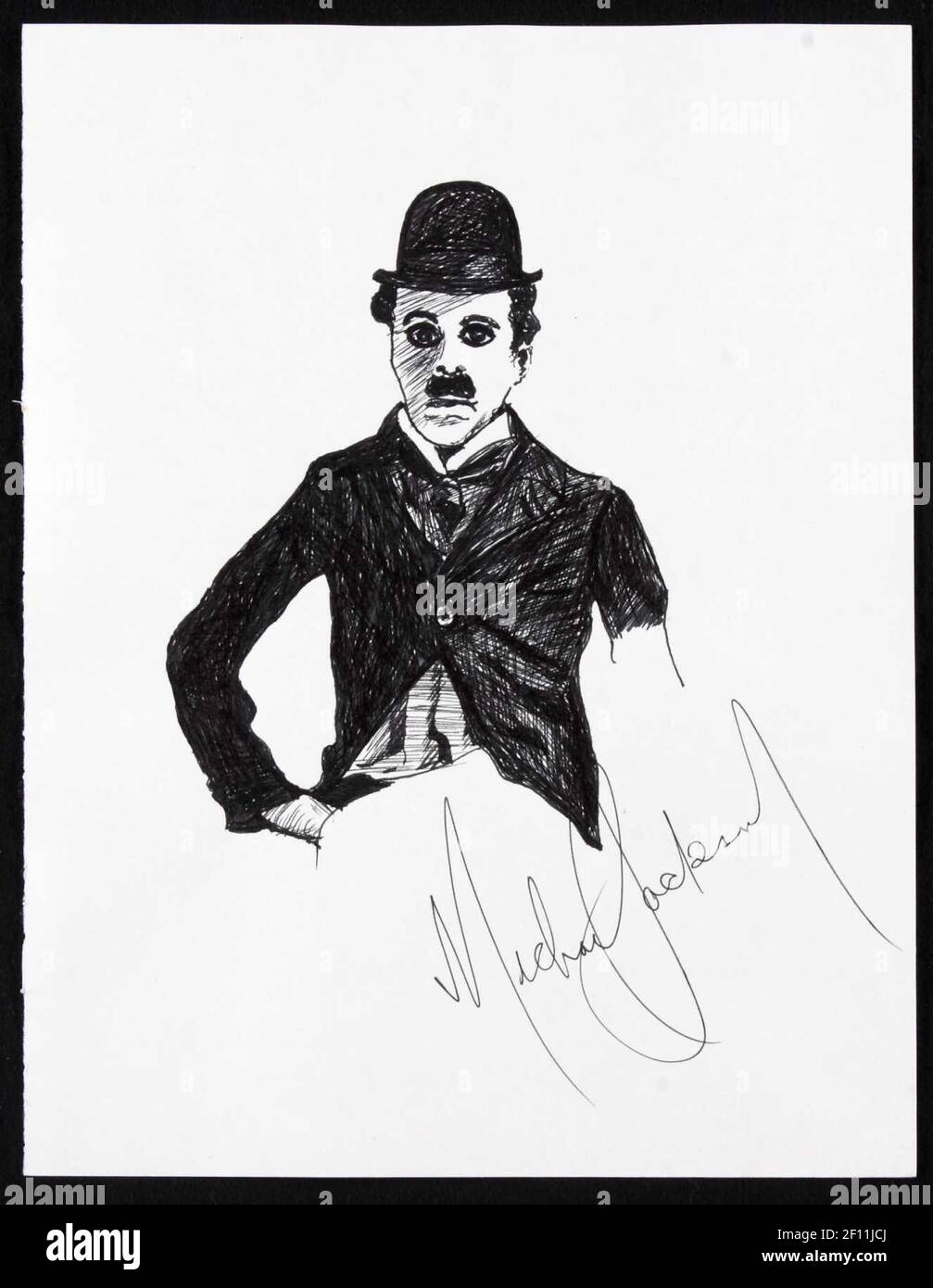 November 2009 - New York, NY - Pen on paper drawing of Charlie Chaplin, titled "Chaplin" signed Michael Jackson. Accompanied by a letter of authenticity from renowned pencil artist Lee Tomkins who was personally given the drawing on August 17, 1981at the Helmsley Palace Hotel in New York City. ESTIMATE: $2,000-4,000. Photo Credit: Julien's Auctions/Sipa Press/0911132143 Stock Photo