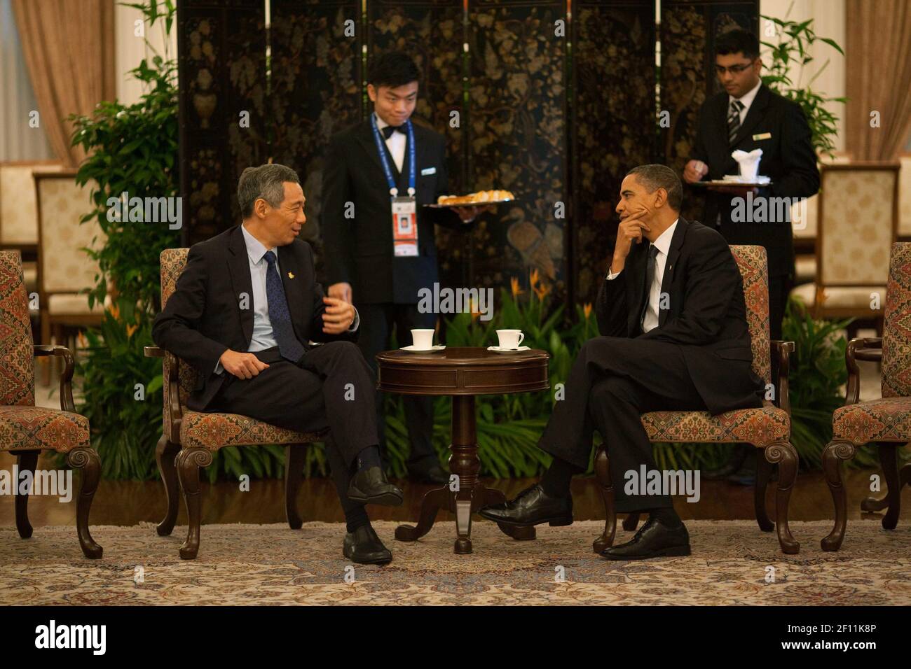 15 November 2009 - Singapore - President Barack Obama meets with SingaporeÃ•s Prime Minister Lee Hsien Loong, while attending the APEC Summit in Singapore, Nov. 15, 2009. Photo Credit: Pete Souza / White House/Sipa Press This official White House photograph is being made available only for publication by news organizations and/or for personal use printing by the subject(s) of the photograph. The photograph may not be manipulated in any way and may not be used in commercial or political materials, advertisements, emails, products, promotions that in any way suggests approval or endorsement of t Stock Photo