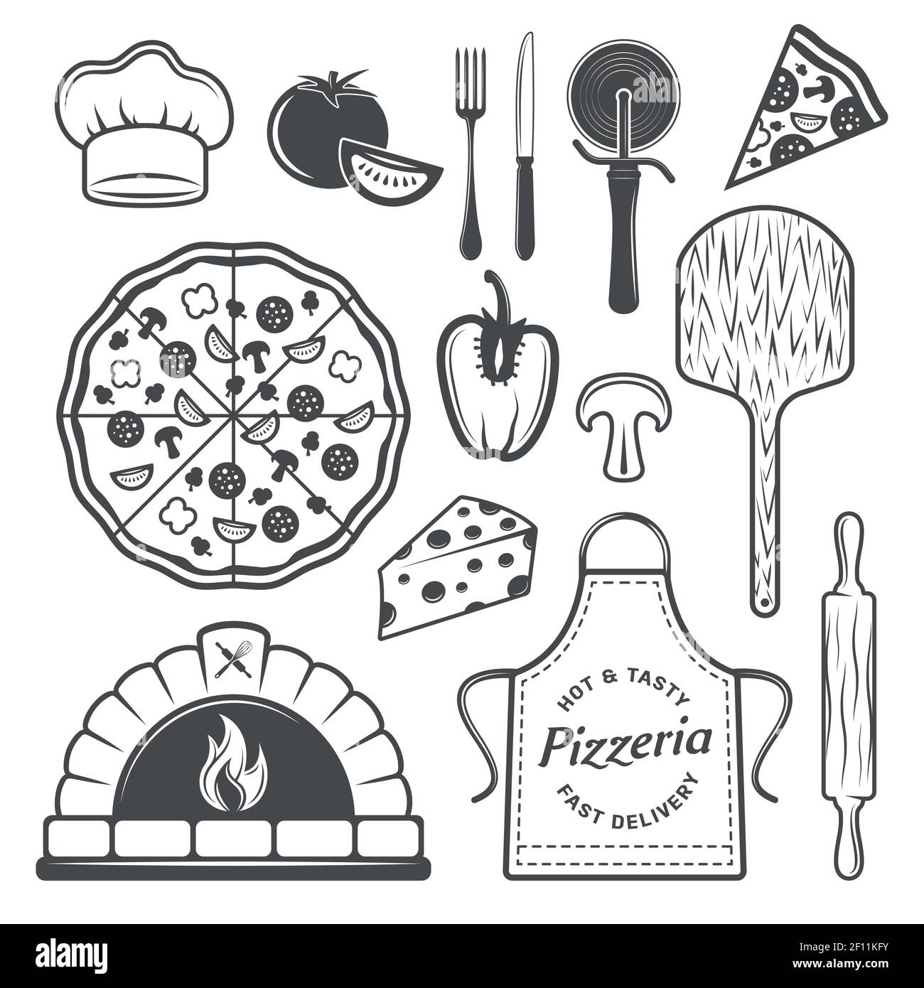 Pizzeria monochrome elements set with cooked product and vegetables uniform of chef culinary utensils isolated vector illustration Stock Vector