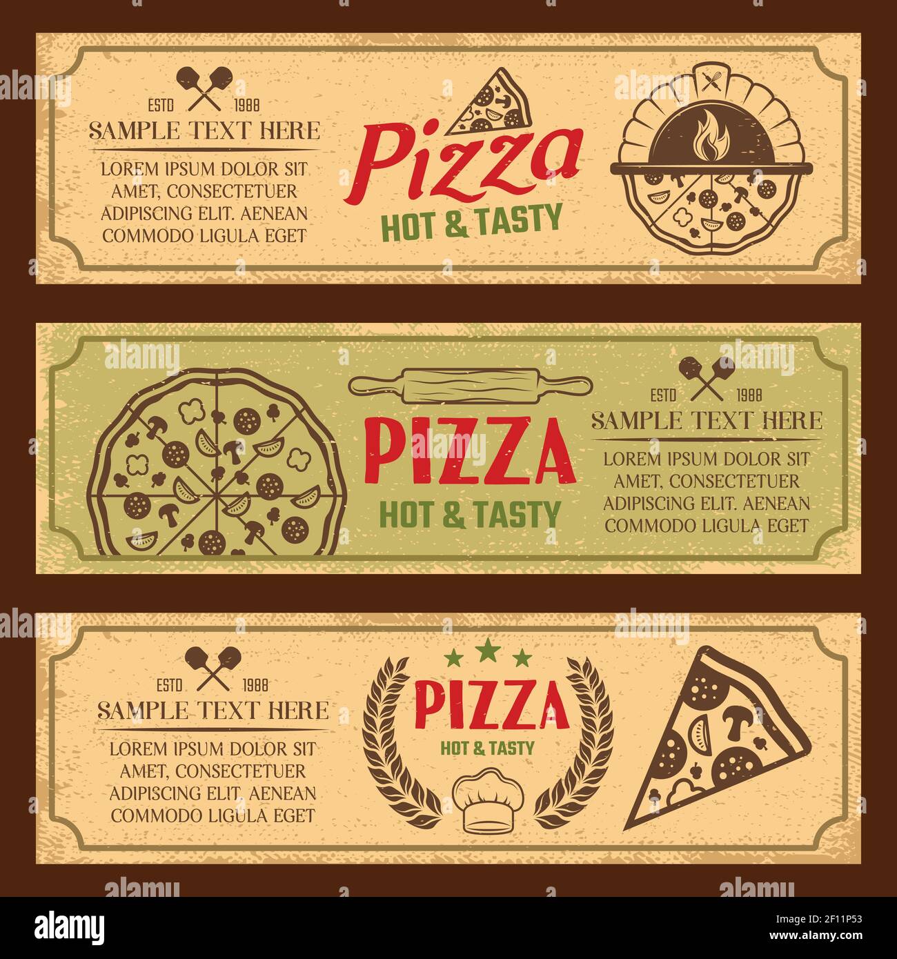 Set of horizontal banners in vintage style with pizza oven and culinary ...