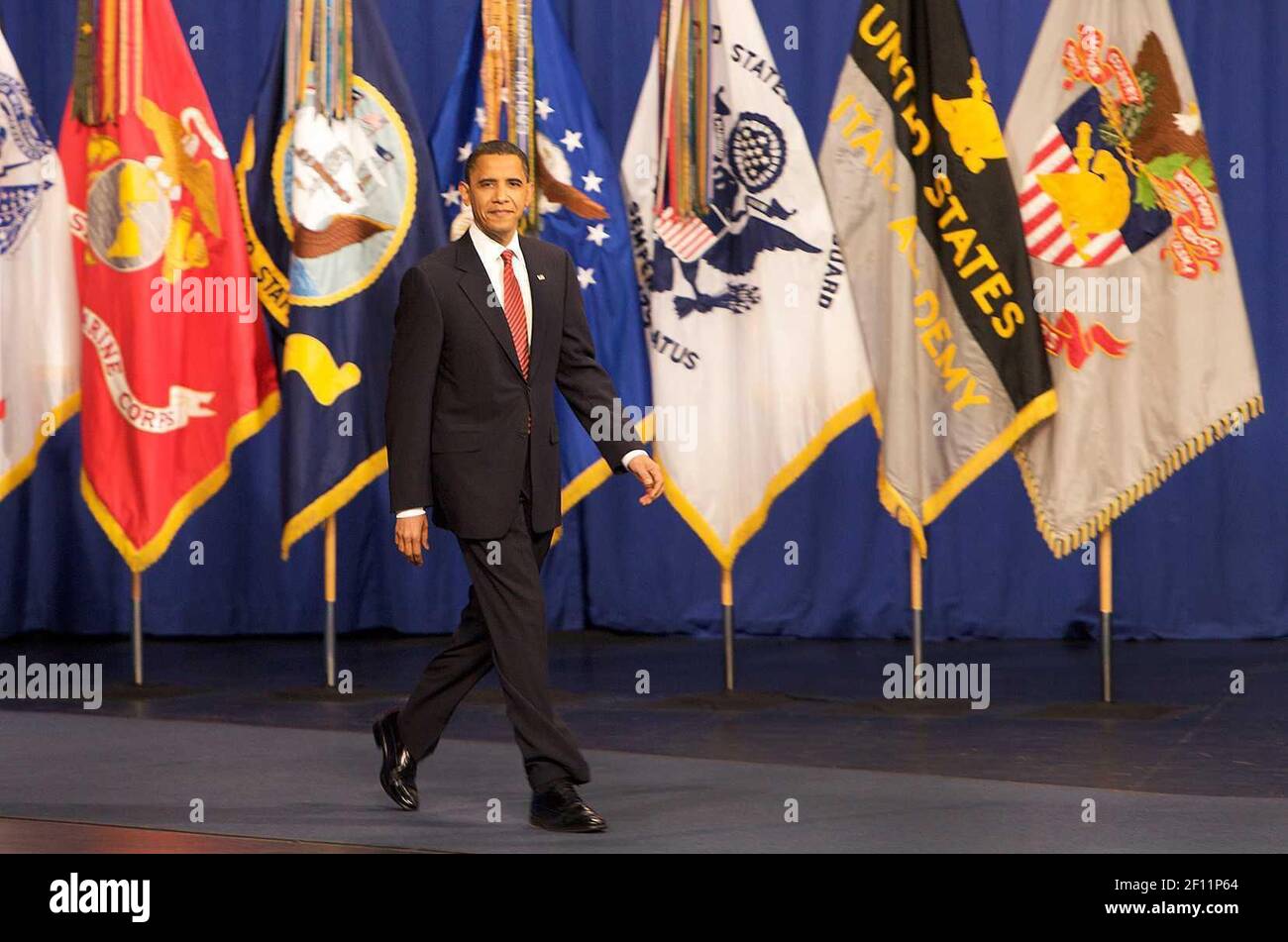 1 December 2009 - West Point, New York - President Obama walks to the lectern to present his strategy on Afghanistan to the nation and a live audience of about 4,200 cadets and guests at West Point's Eisenhower Hall Theatre. After the 35-minute speech, he took time to shake hands and pose for photos with many of the cadets. Photo Credit: Tommy Gilligan/DOD/Sipa Press/0912022222 Stock Photo