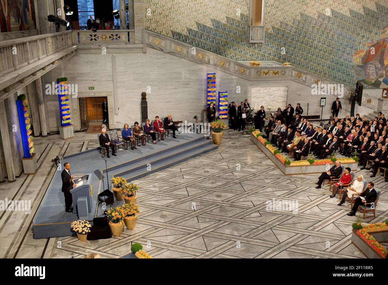 10 December 2009 - Oslo, Norway - President Barack Obama delivers remarks during the Nobel Peace Prize ceremony in Raadhuset Main Hall at Oslo City Hall in Oslo, Norway, Dec. 10, 2009. Photo Credit: Pete Souza / White House/Sipa Press This official White House photograph is being made available only for publication by news organizations and/or for personal use printing by the subject(s) of the photograph. The photograph may not be manipulated in any way and may not be used in commercial or political materials, advertisements, emails, products, promotions that in any way suggests approval or en Stock Photo
