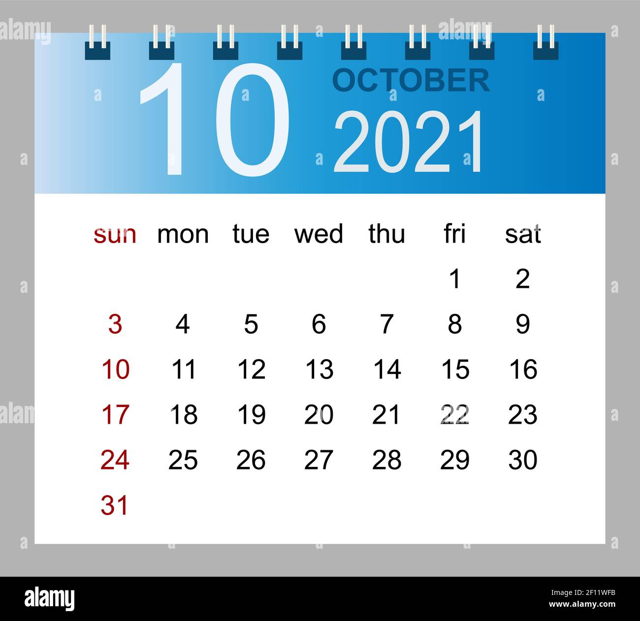 Simple desk calendar for October 2021. Week starts Sunday. Isolated vector illustration. Stock Vector