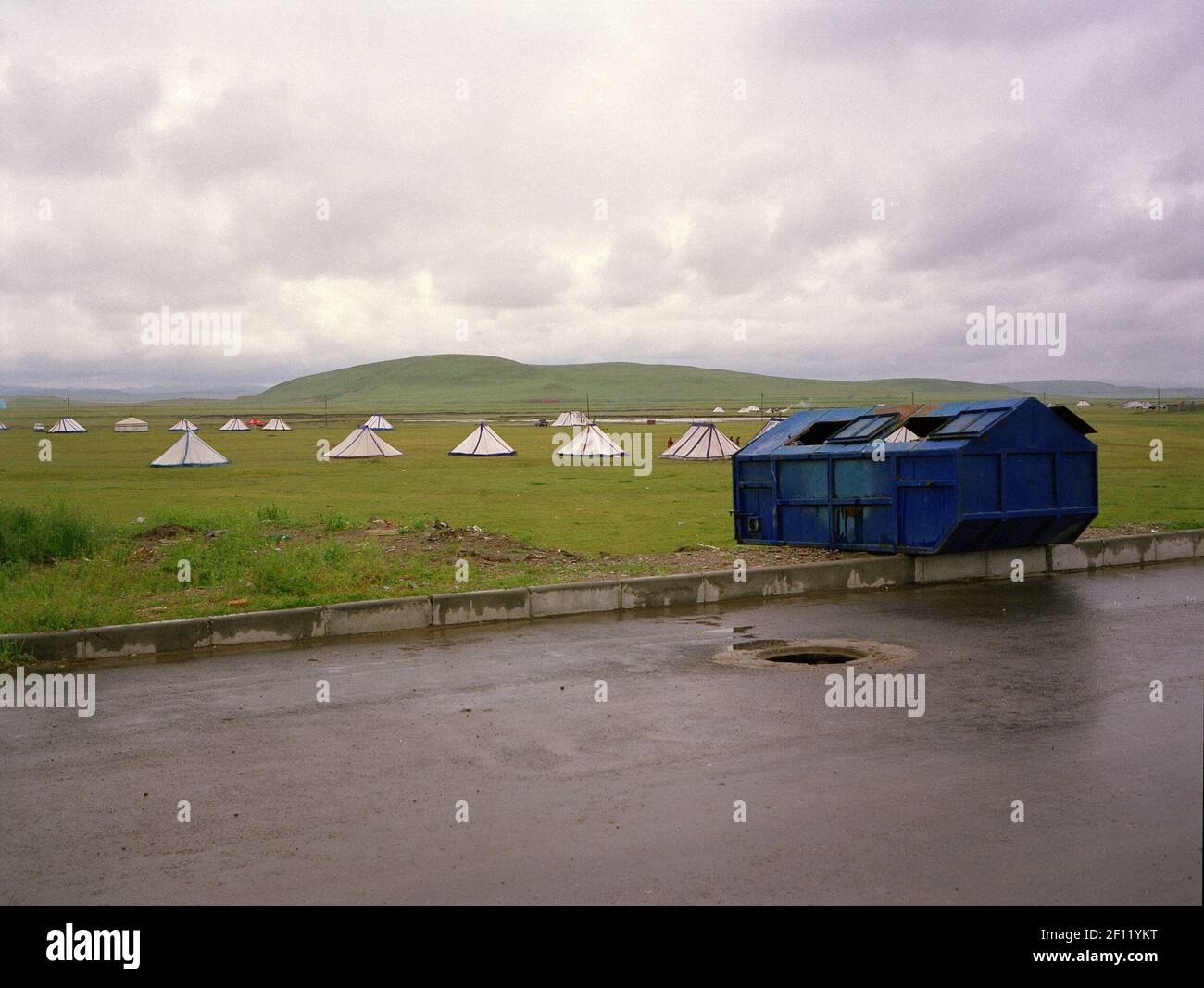 Tibetan tents on the outskirts of a newly built Tibetan city. (Photo by Raphael Fournier/Sipa USA) Stock Photo