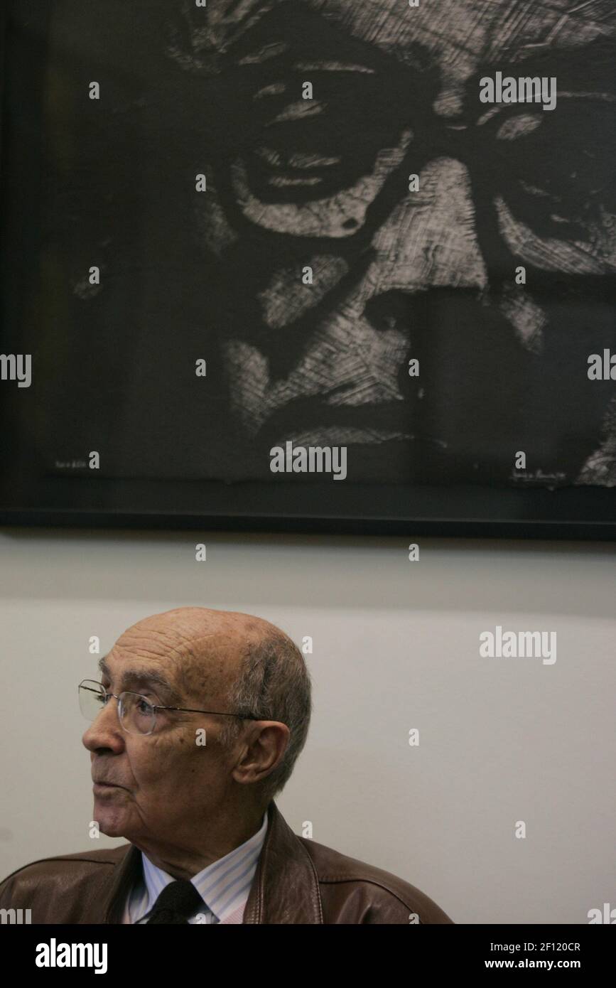 Portuguese Nobel Prize winner for Literature in 1998, Jose Saramago, poses  for the picture during special interview for foreign correspondent  journalists at the Saramago Foundation in Lisbon, Portugal on December 8,  2008. (