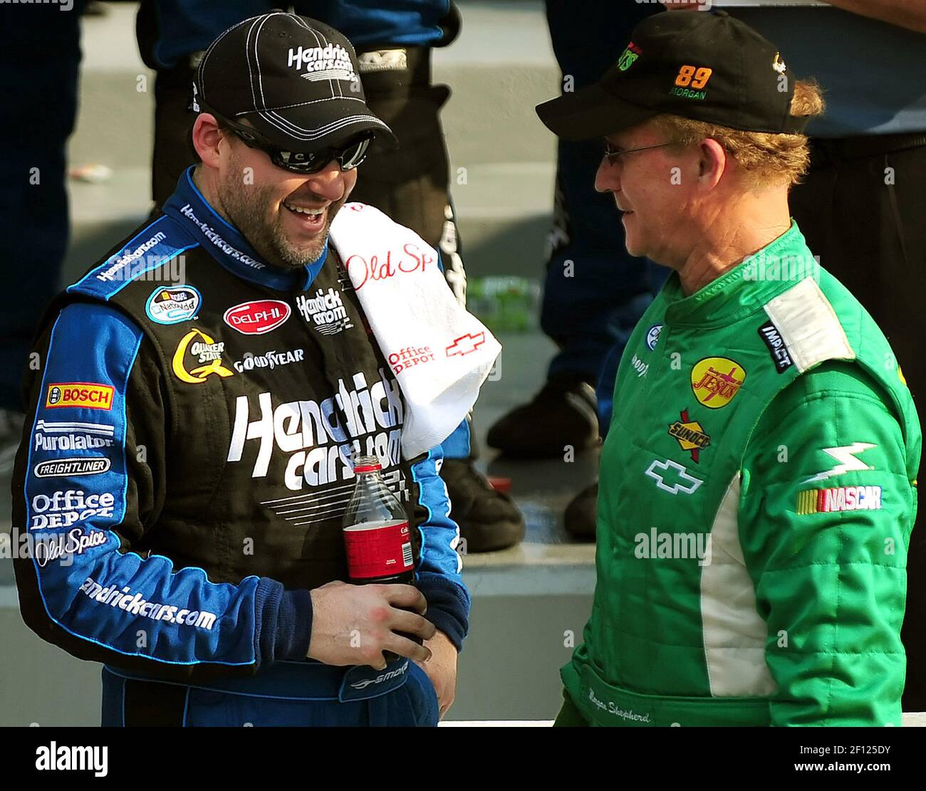 NASCAR driver Tony Stewart, left, talks with Morgan Shepherd in Victory  Lane following Stewart's win in the Camping World 300 race at Daytona  International Speedway in Daytona Beach, Florida, Saturday, February 14,, image size:1300x1111